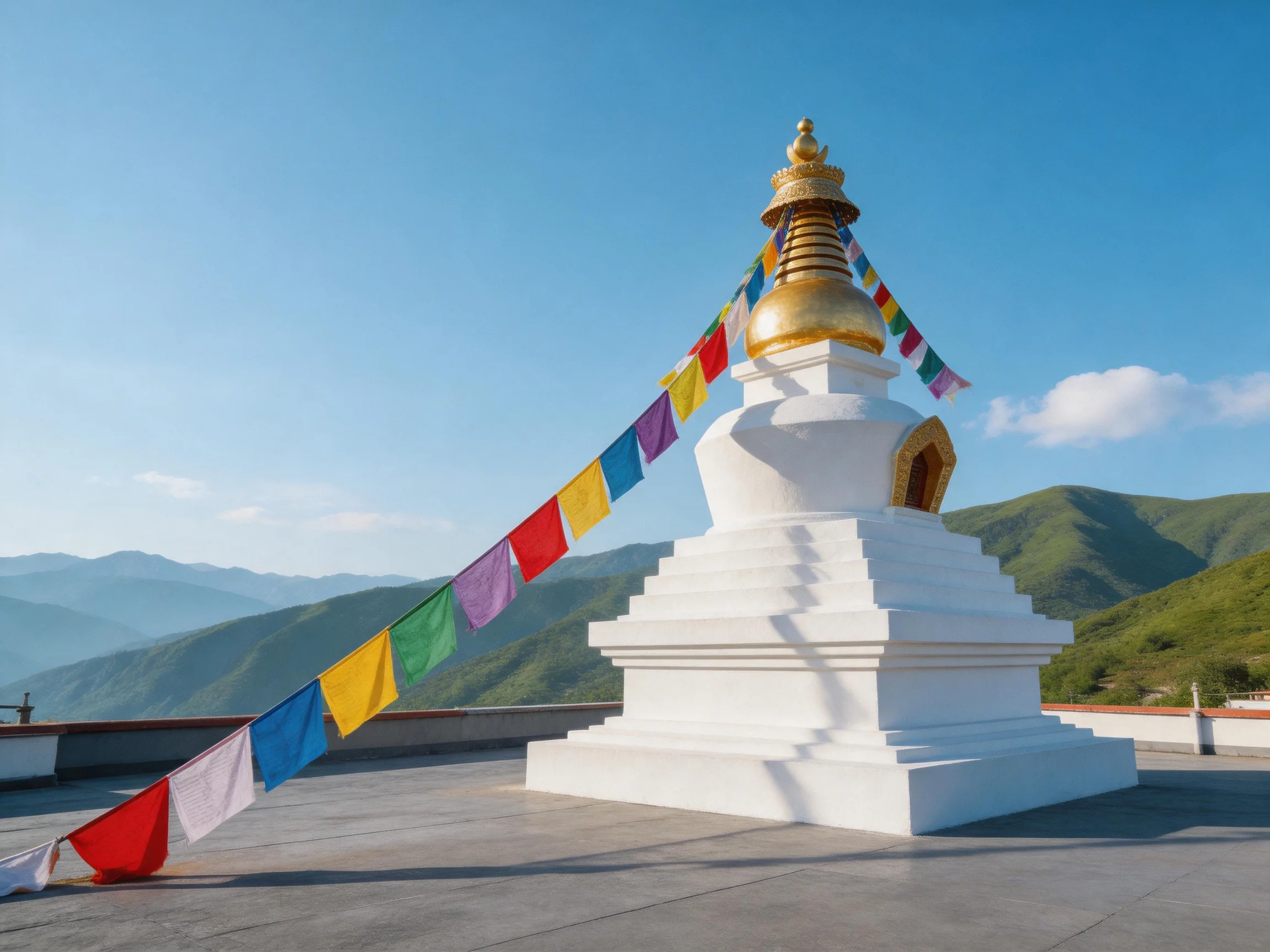 Golden-topped white stupa with colorful prayer flags near mountains