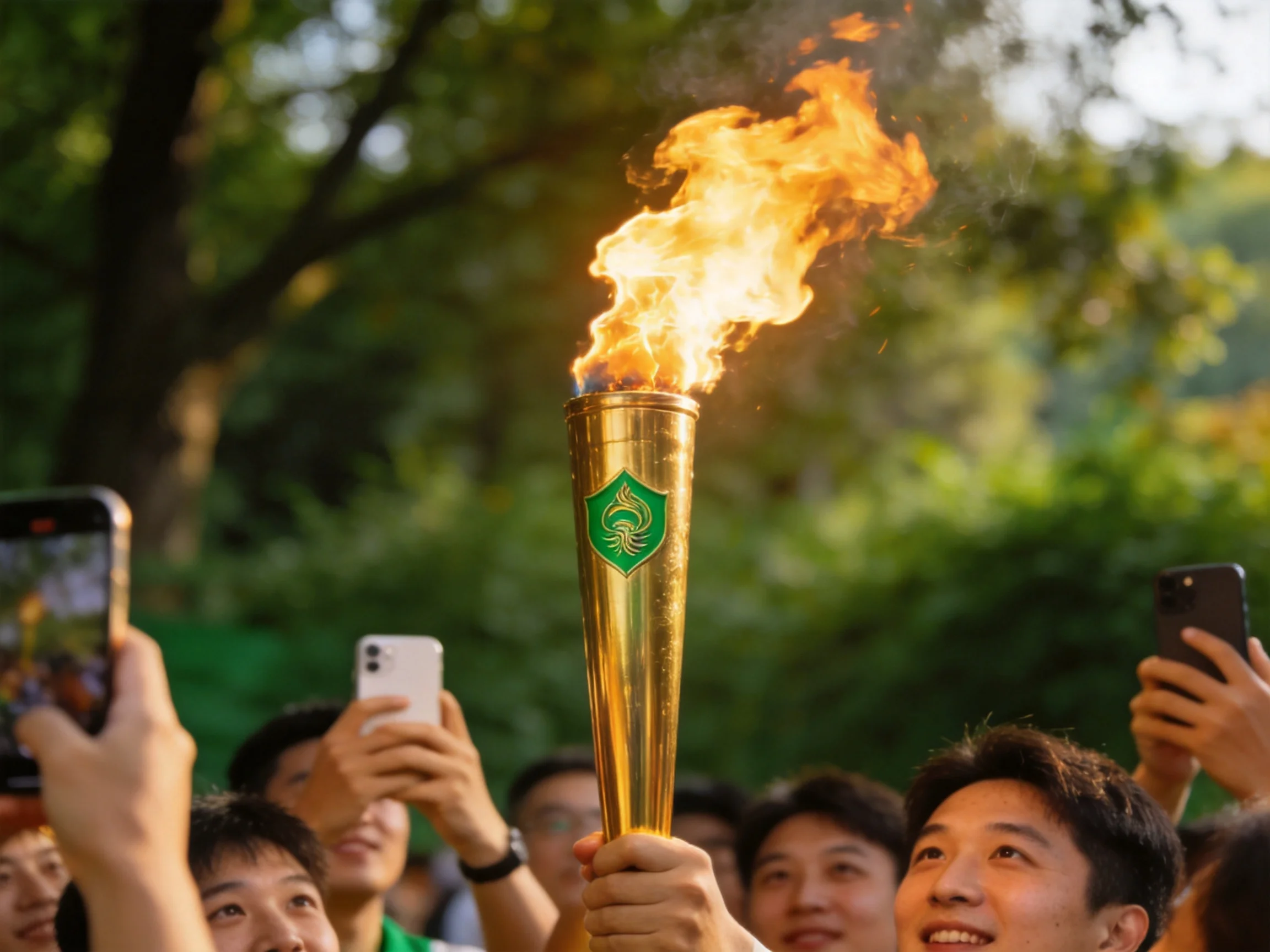 Golden torch with green emblem burns as crowd photographs outdoors