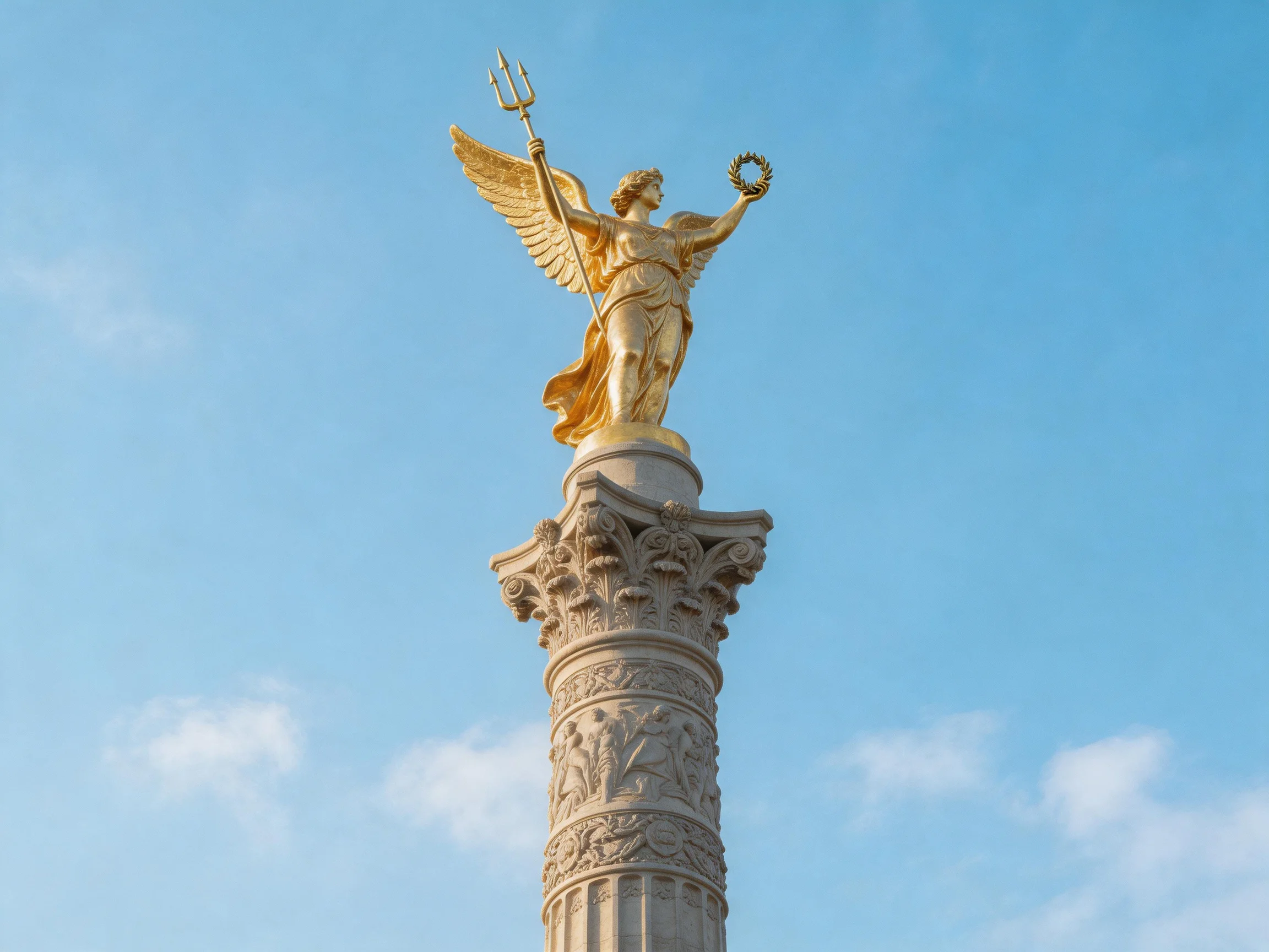 Golden winged statue atop ornate stone column under clear blue sky