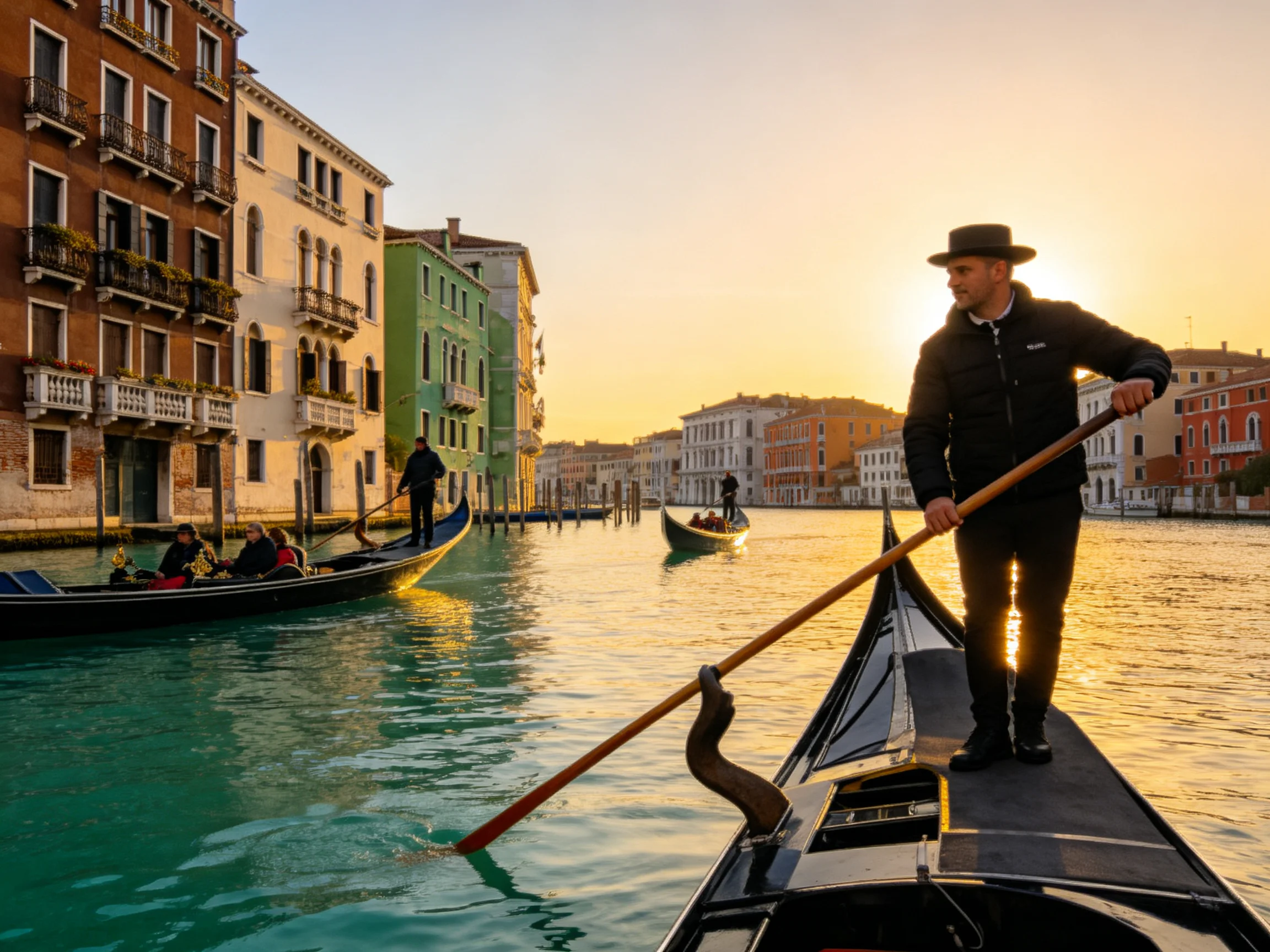 Gondolas glide through turquoise canals beside colorful buildings at sunset