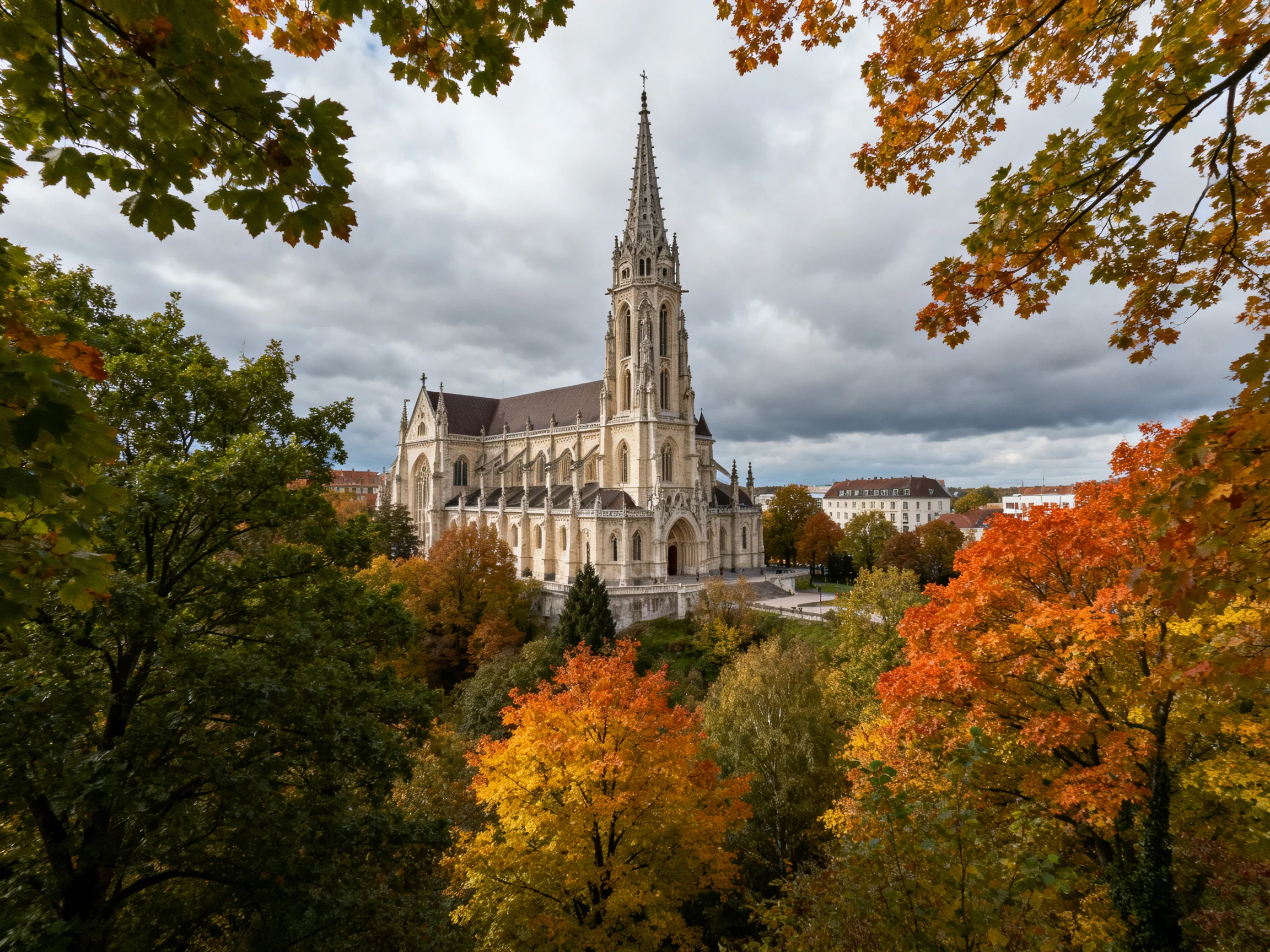 Gothic Cathedral Surrounded by Vibrant Fall Foliage