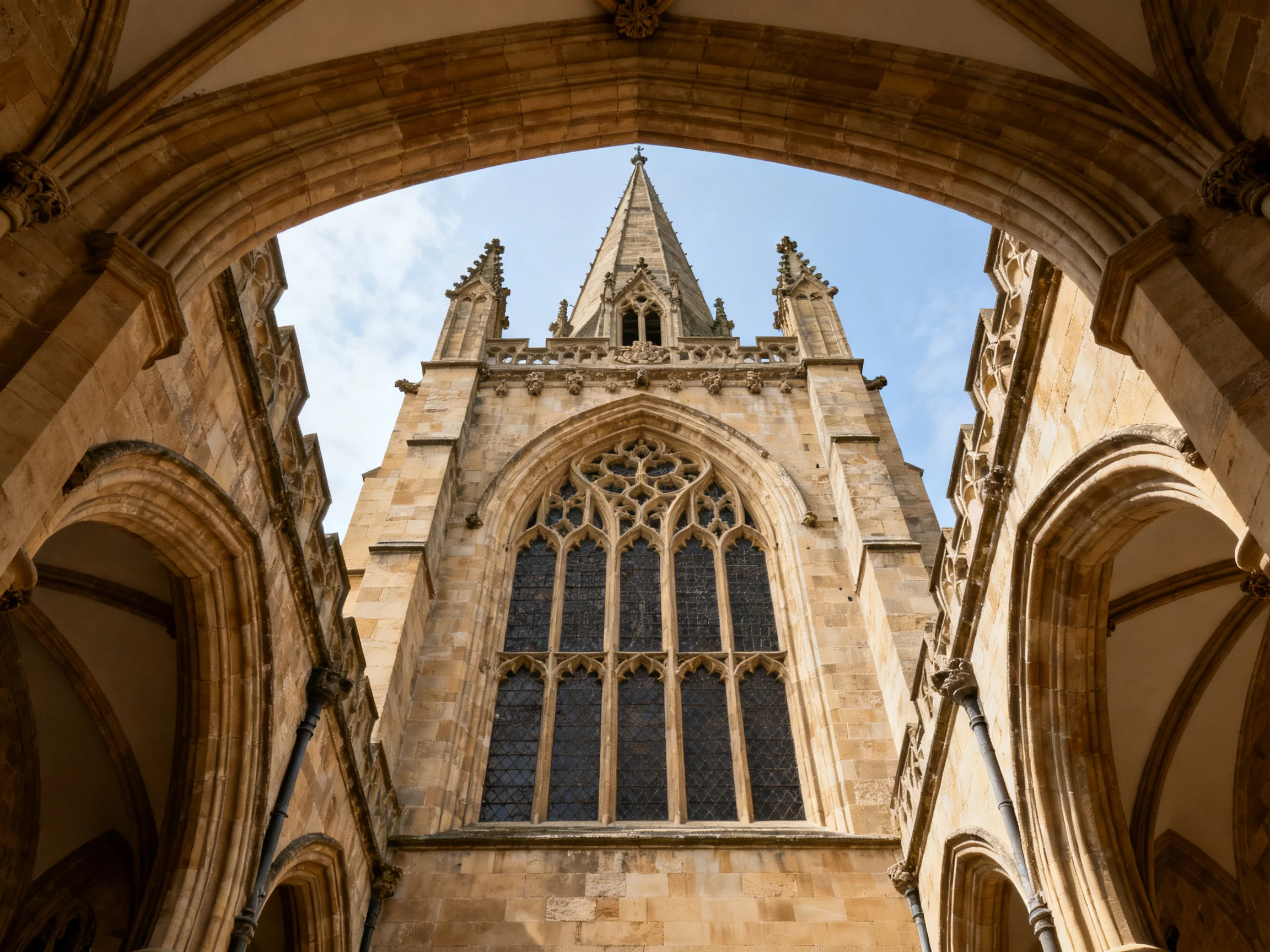 Gothic stone church tower viewed through ornate arches