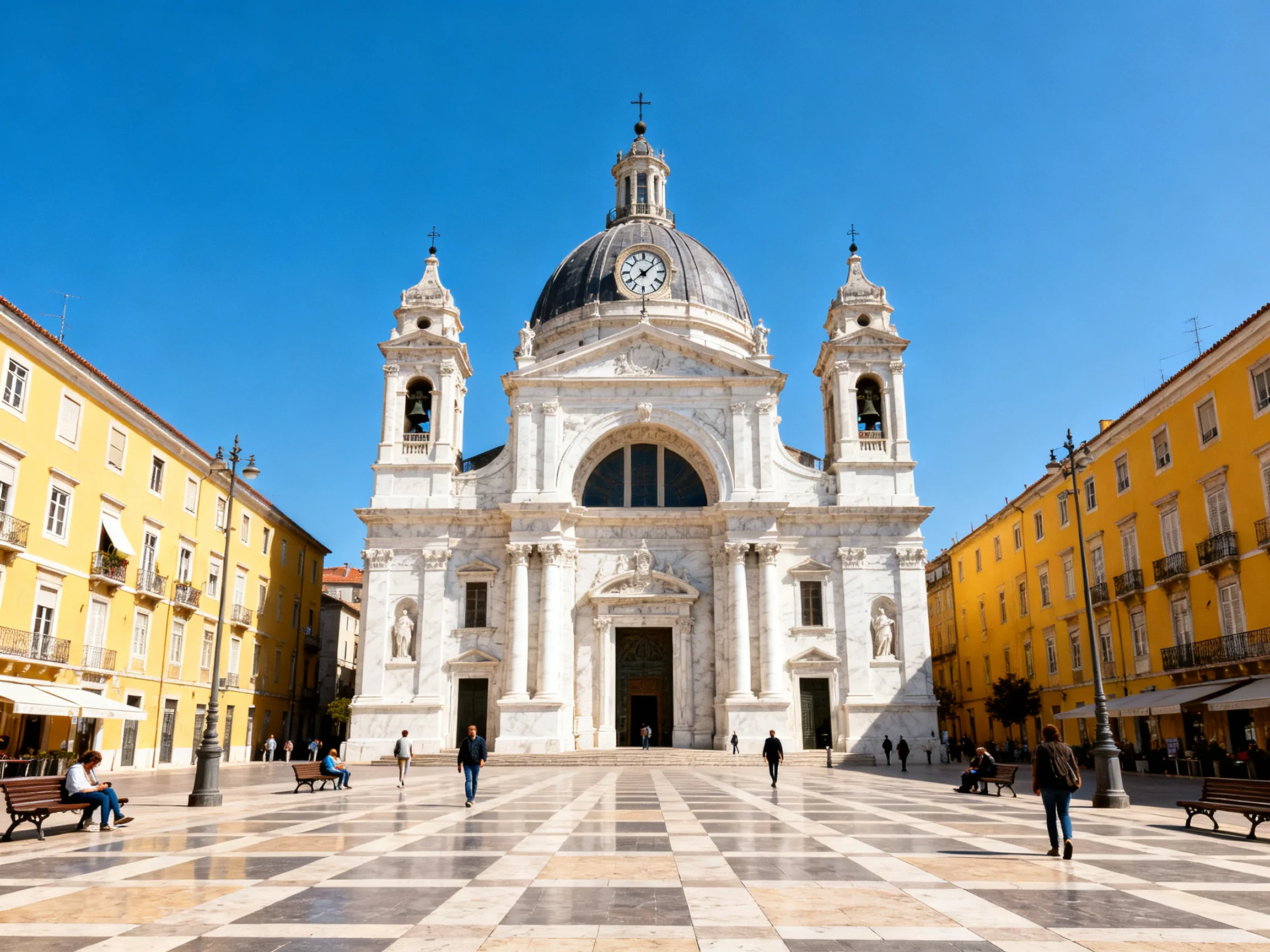 Grand White Cathedral Among Yellow Buildings in Sunny Plaza