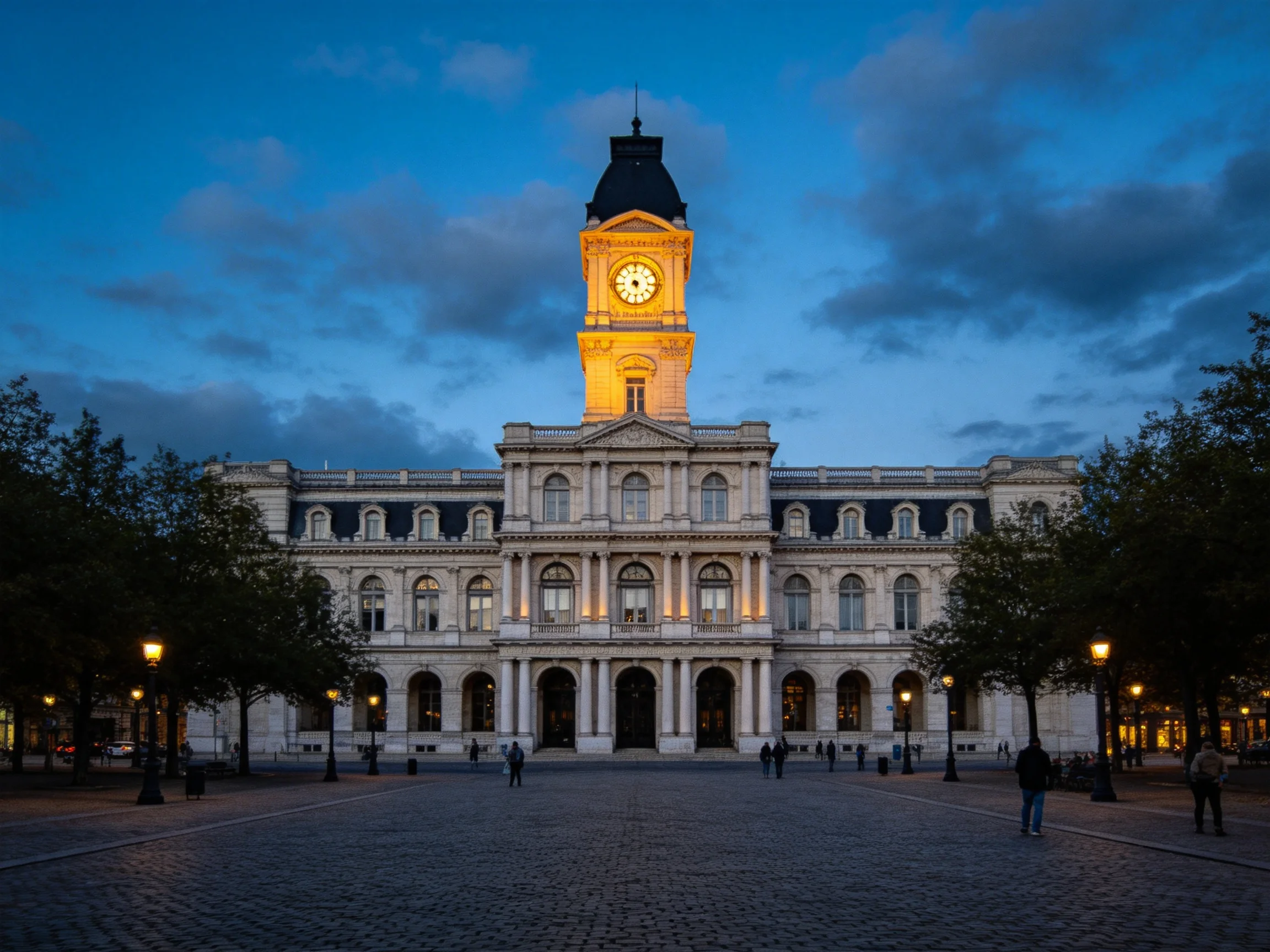 Grand historic building with tall illuminated clock tower at dusk