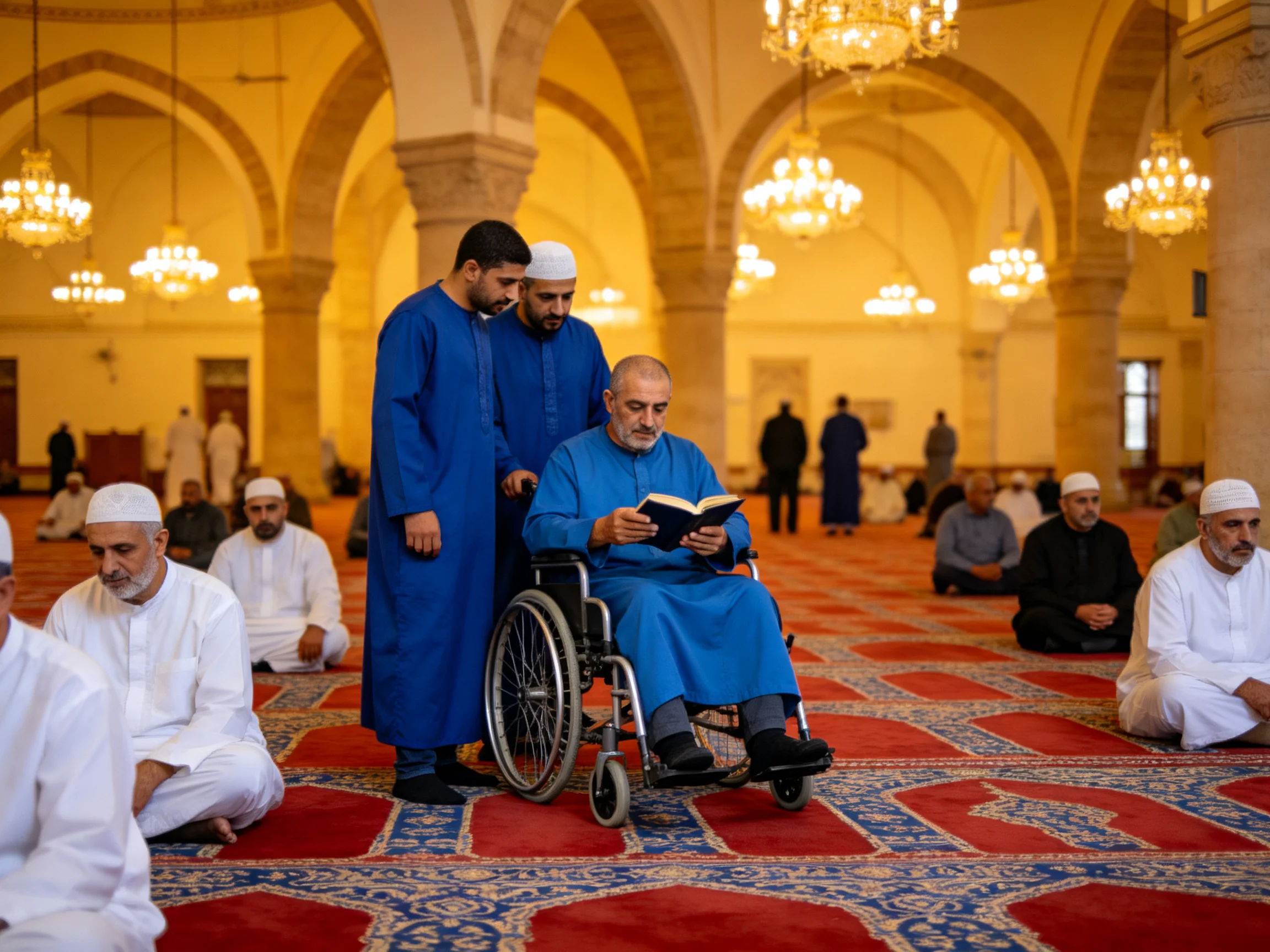 Grand mosque interior with blue-robed men, chandeliers, and a wheelchair reader