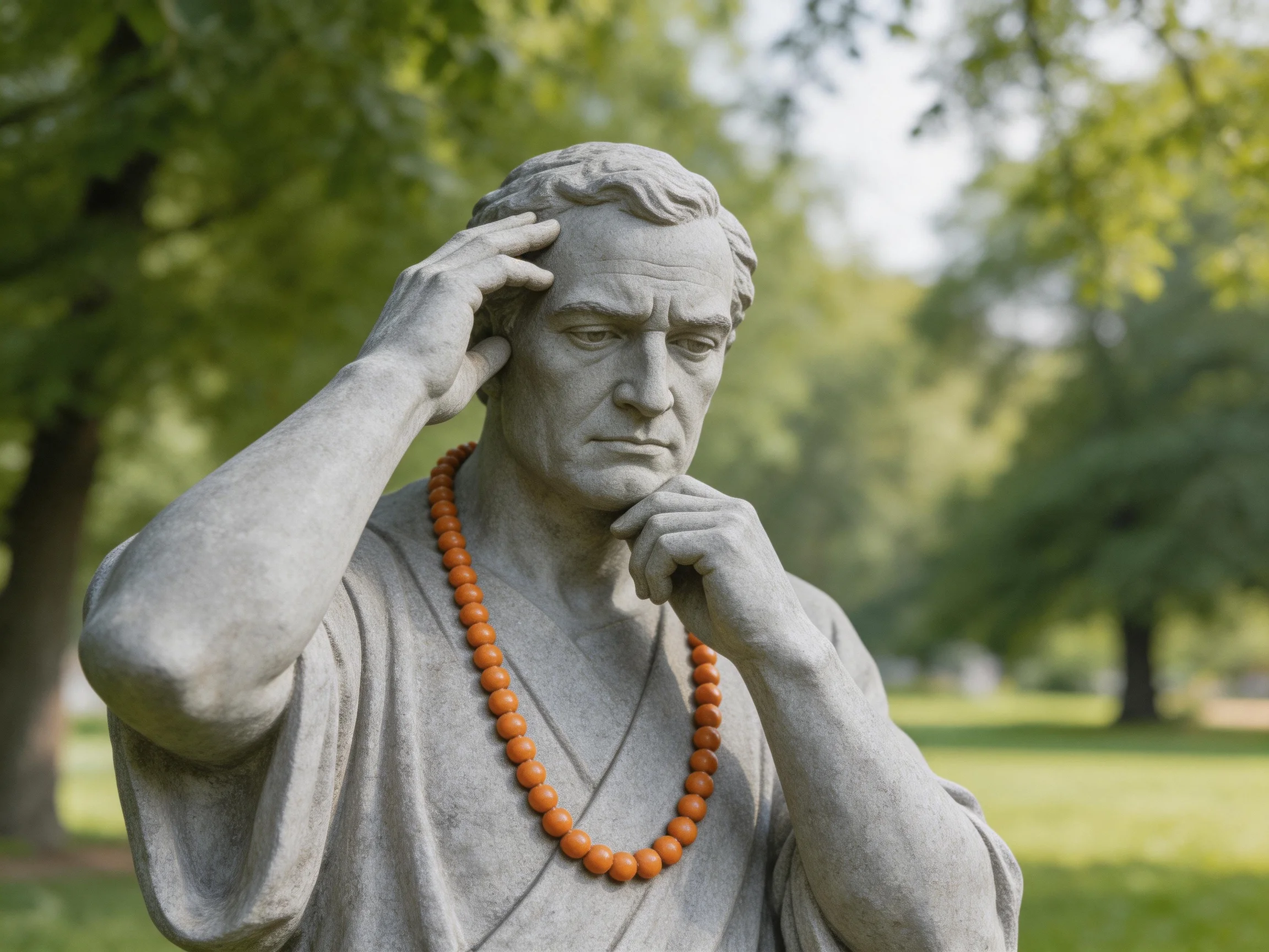Gray stone statue with orange beads in a green park
