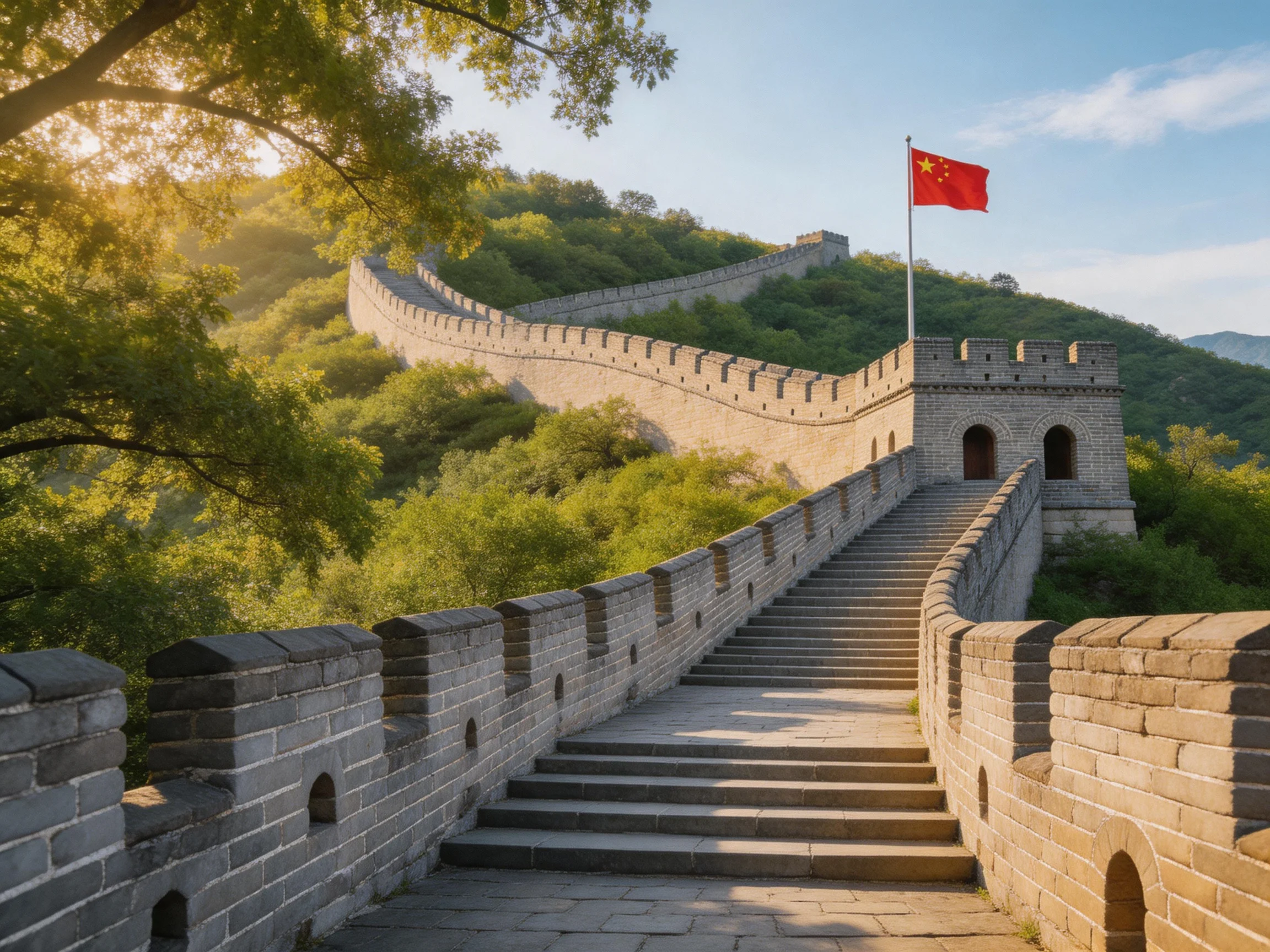 Great Wall of China with Red Flag, Stone Fortifications, Lush Green Hills