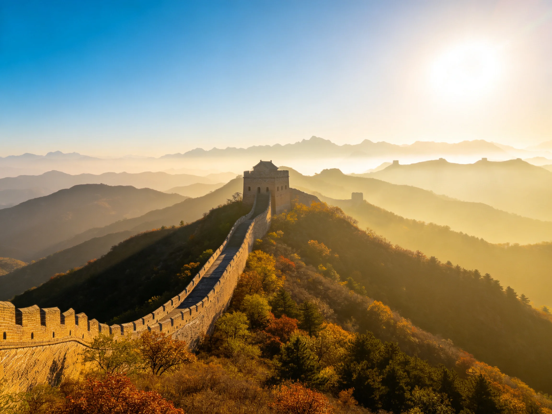 Great Wall winding through layered mountains with autumn foliage