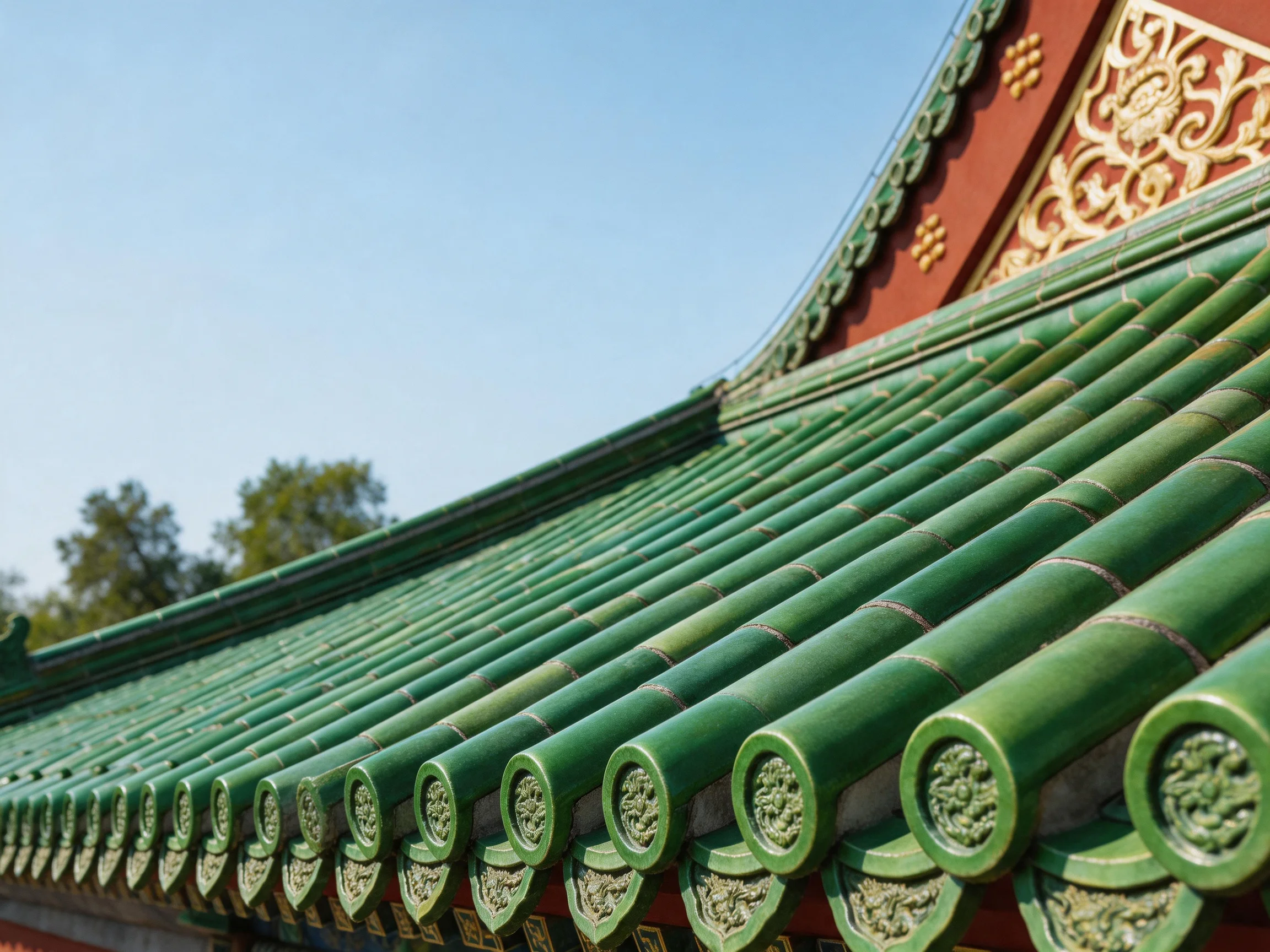 Green ceramic tiles form a decorative roof edge of a traditional structure with golden ornamentation