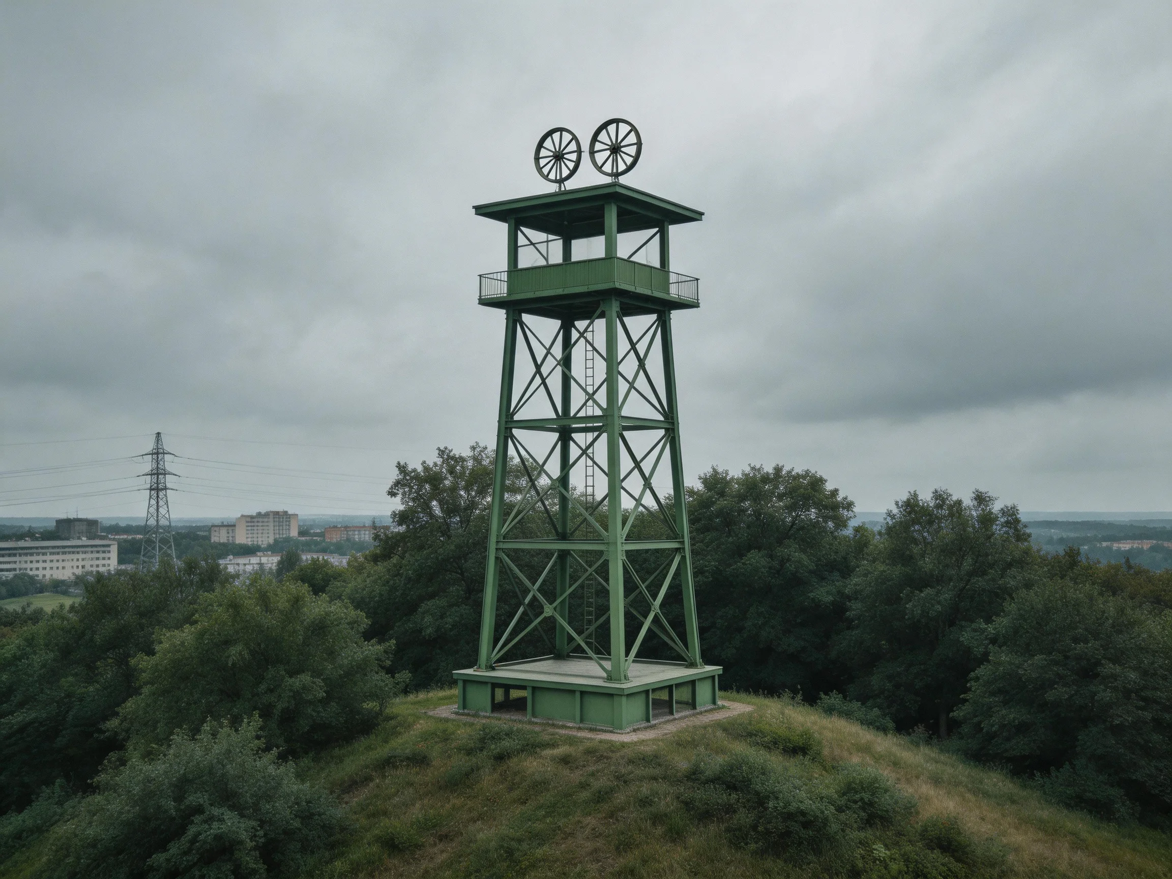Green metal observation tower atop grassy hill near trees