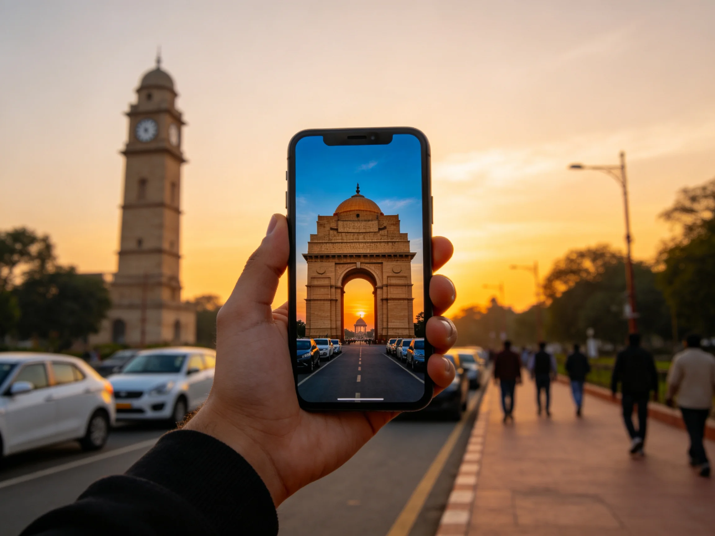 Hand holds phone showing India Gate at sunset near clock tower