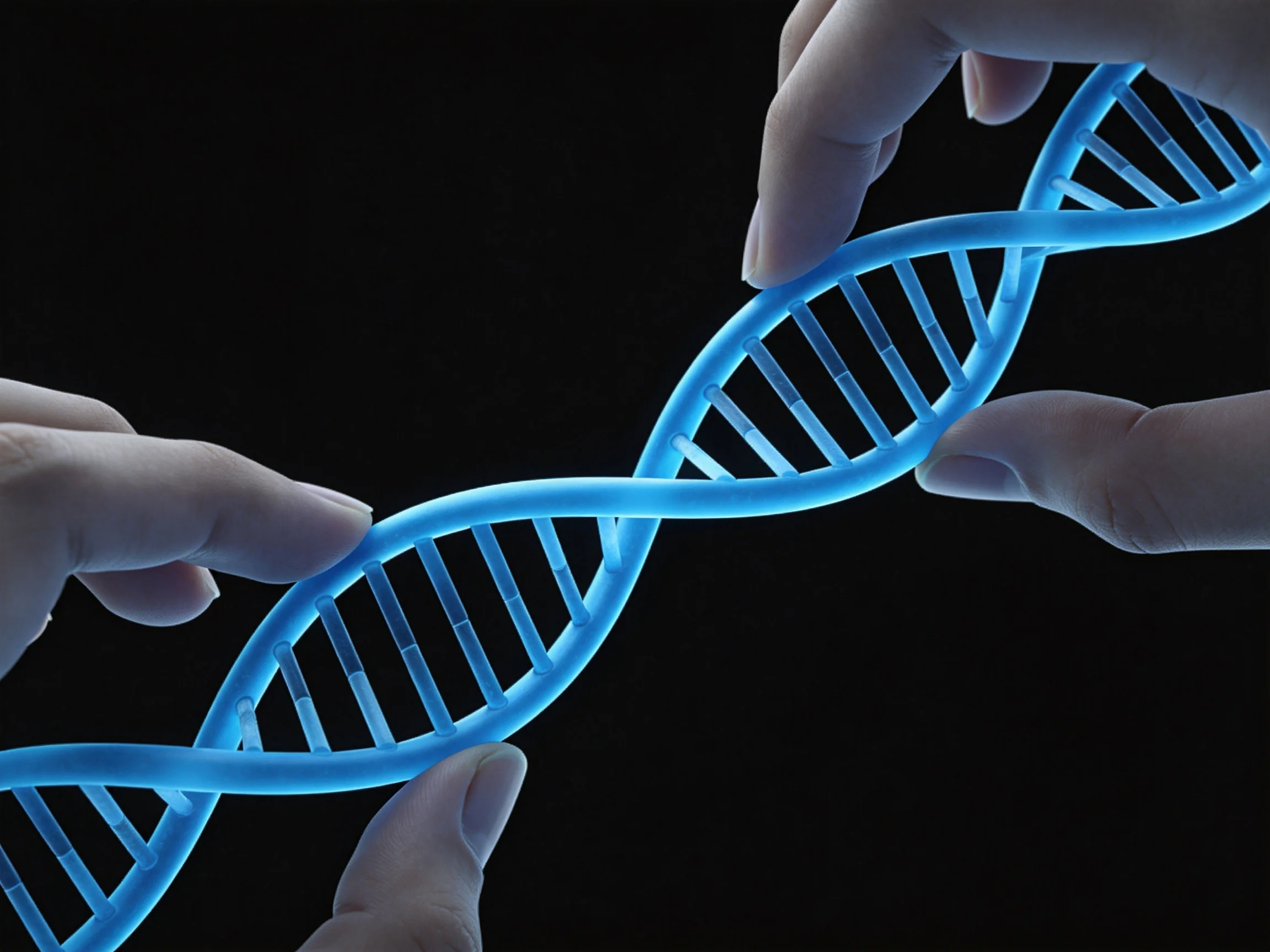 Hands manipulating a glowing blue DNA double helix structure