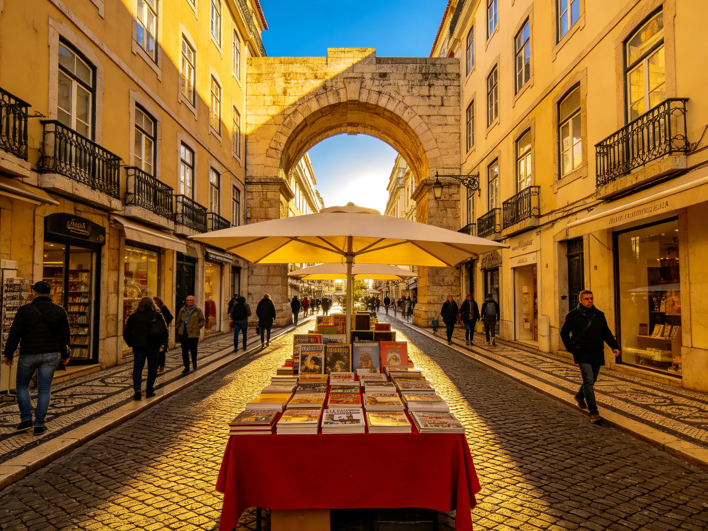 Historic Archway Frames Cobblestone Street Book Display