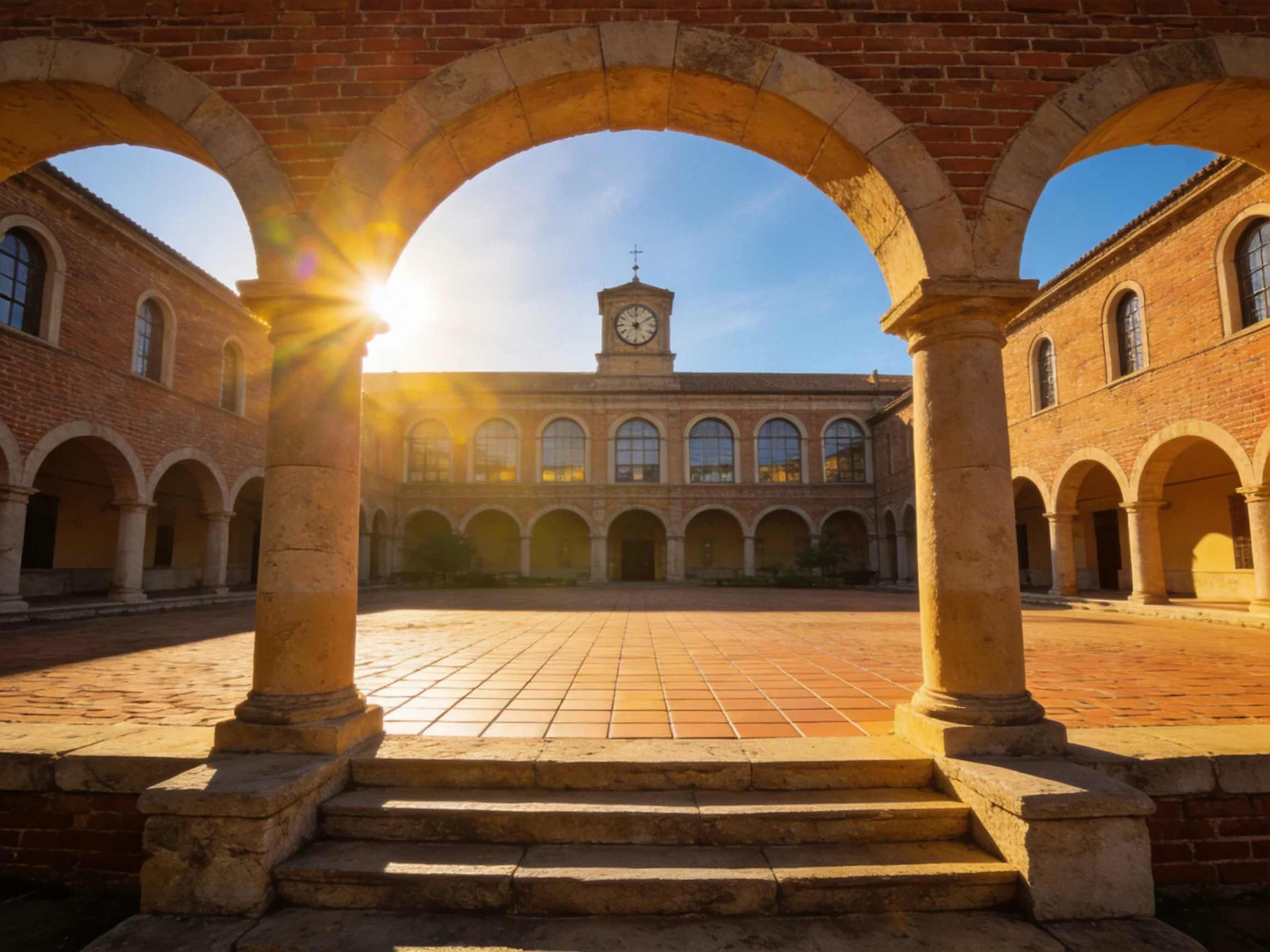 Historic Brick Courtyard with Arched Walkways and Clock Tower