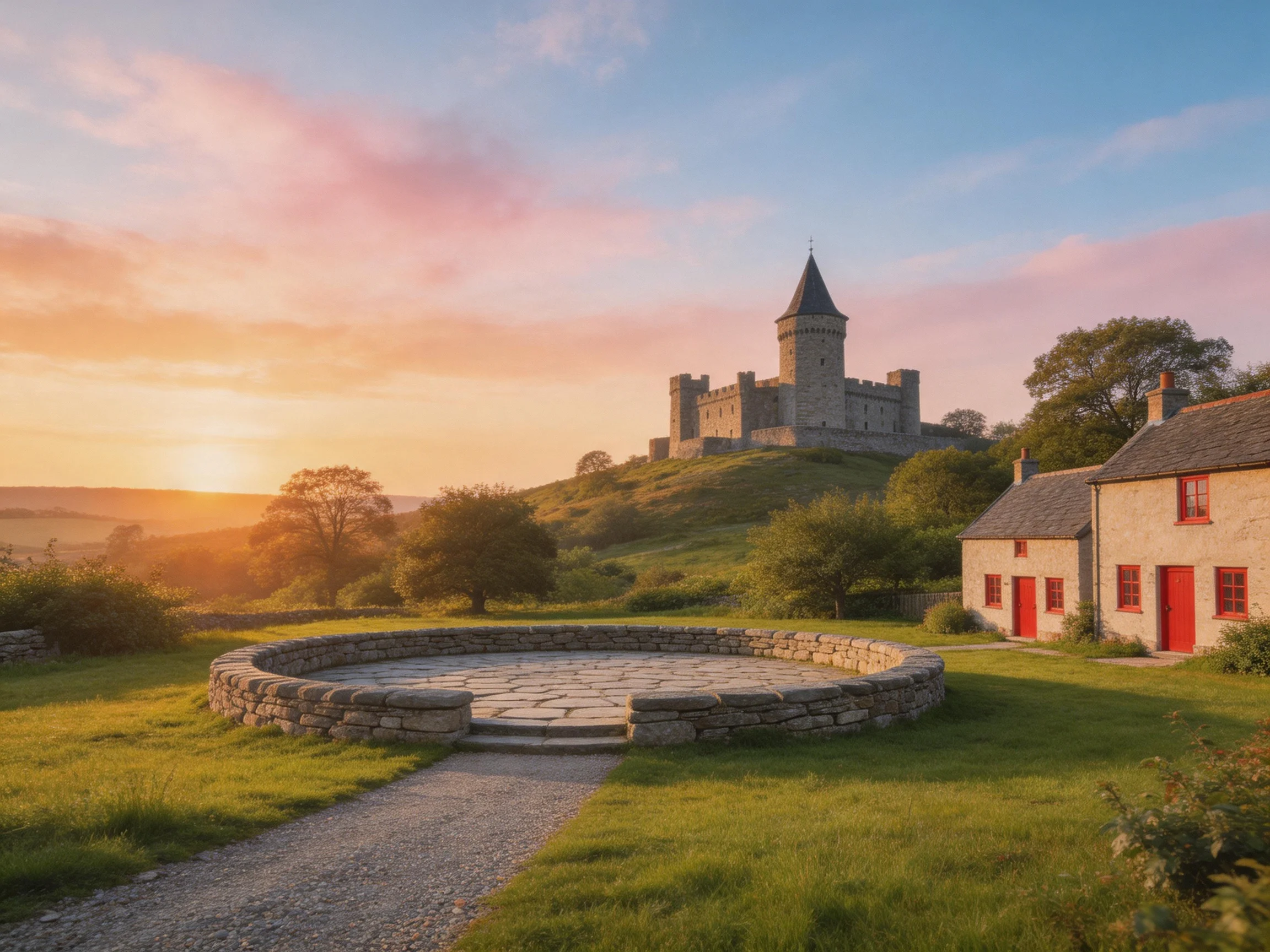 Historic Castle Atop Hill Near Red-Fronted Cottages at Sunset
