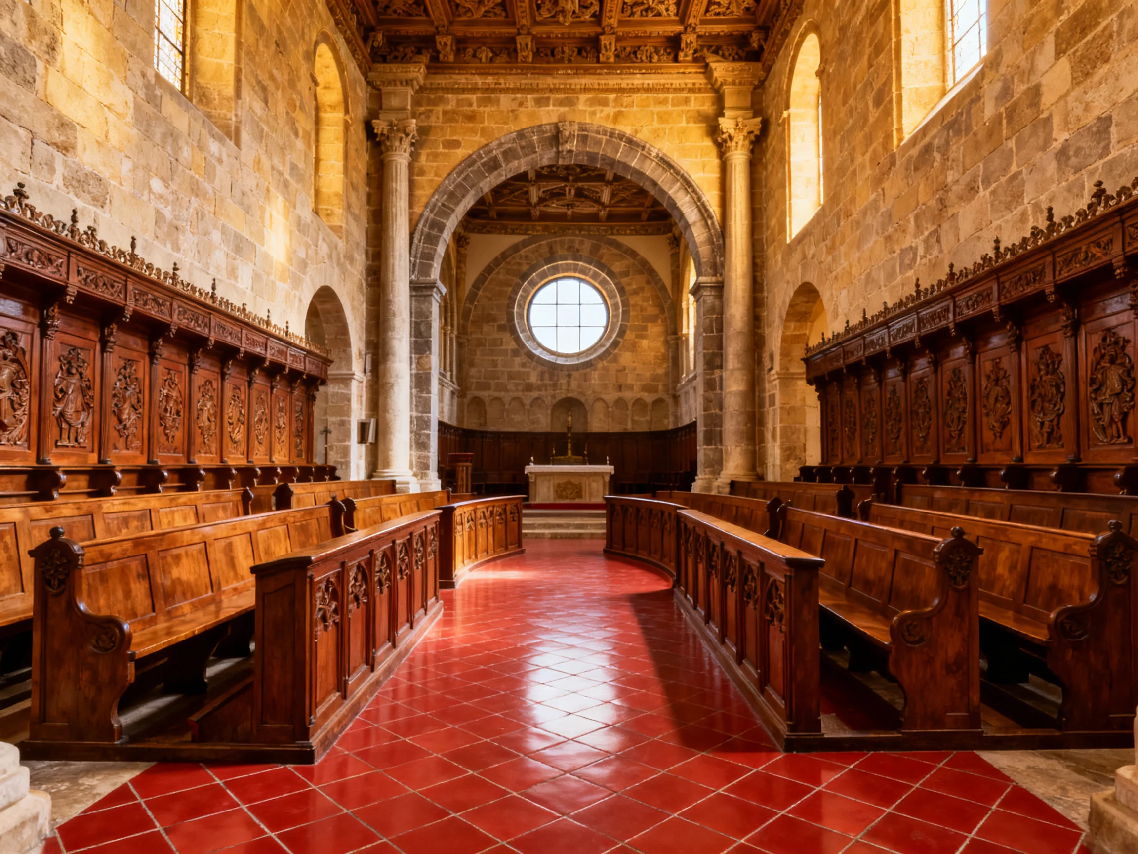 Historic Church Interior with Ornate Wooden Pews and Red Tile Flooring