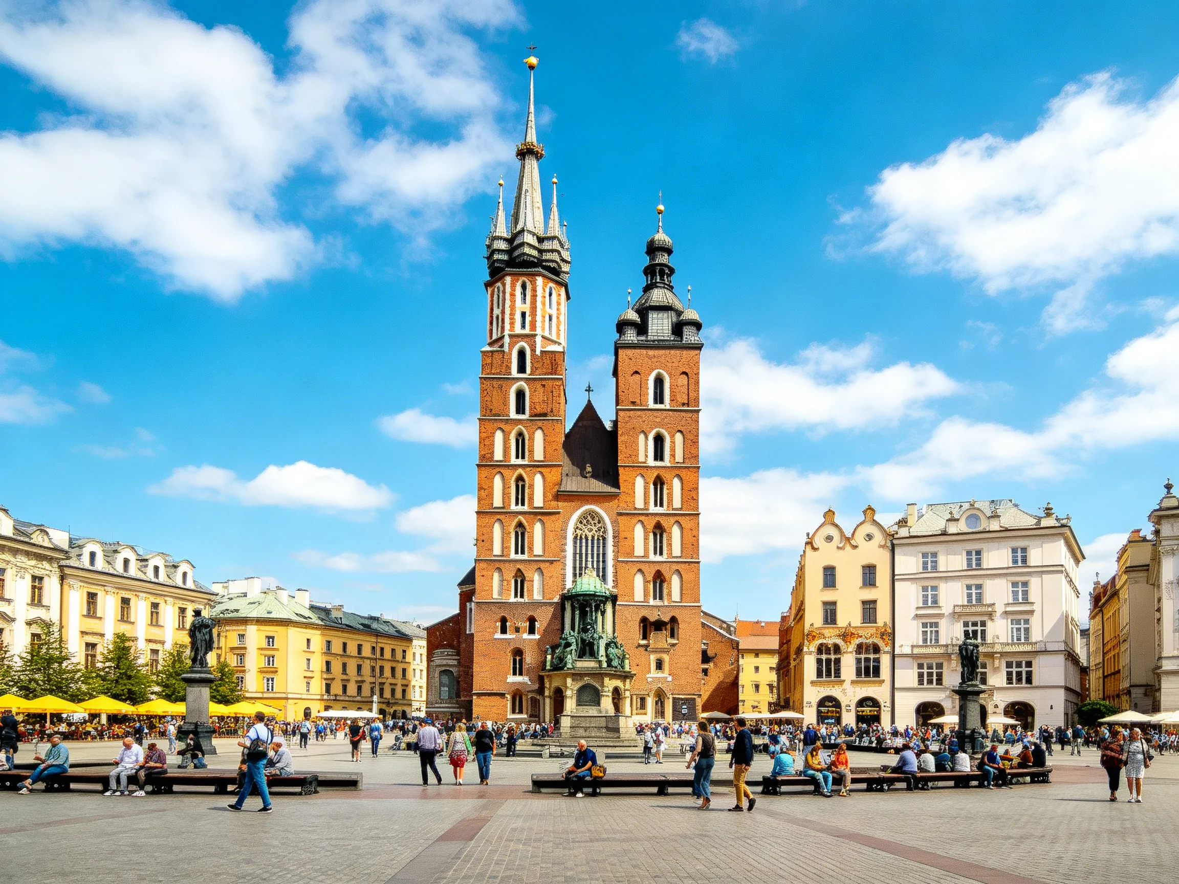 Historic Church with Twin Towers in a Colorful Town Square