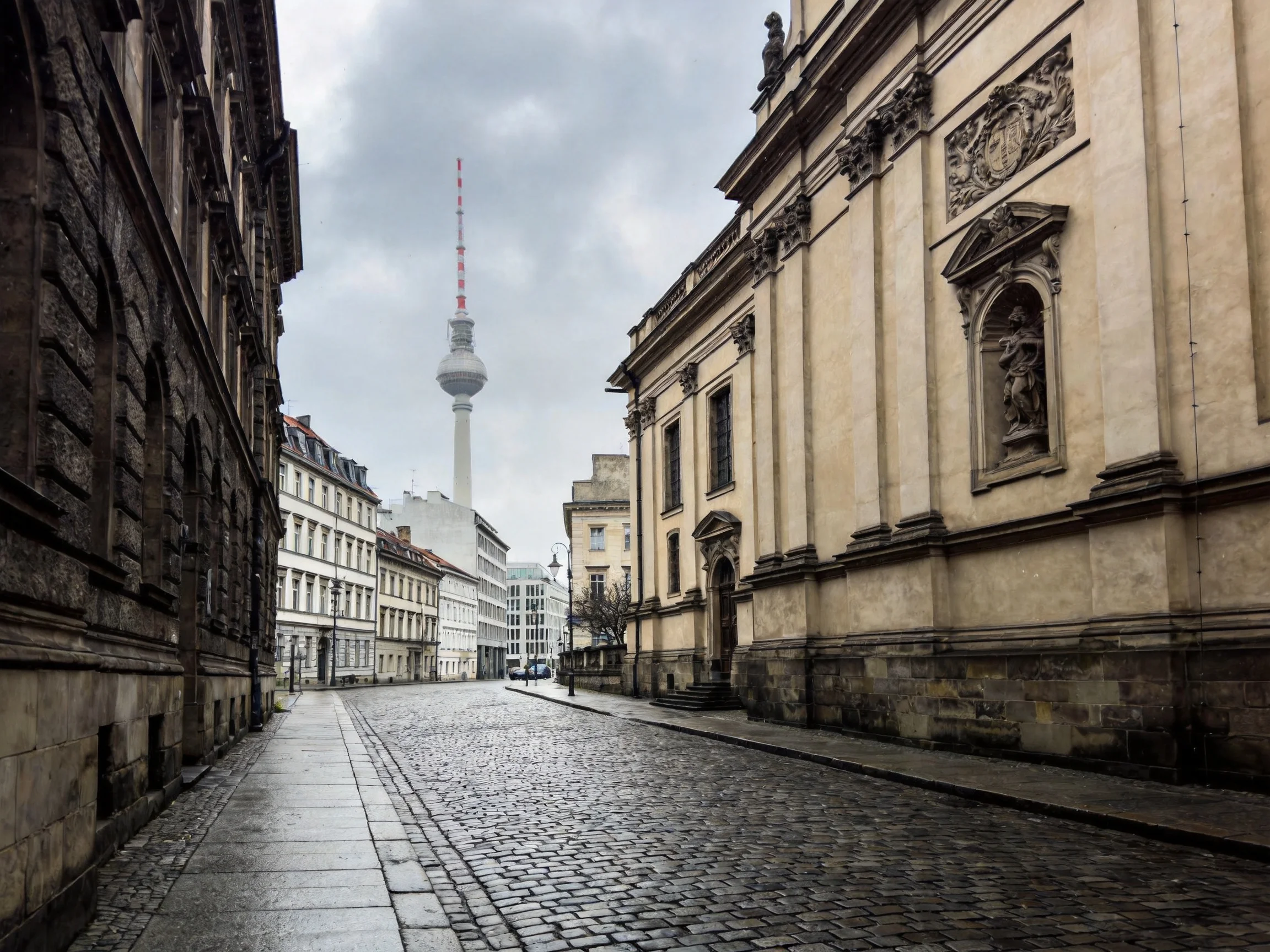 Historic Cobblestone Street with Ornate Buildings and a Tower