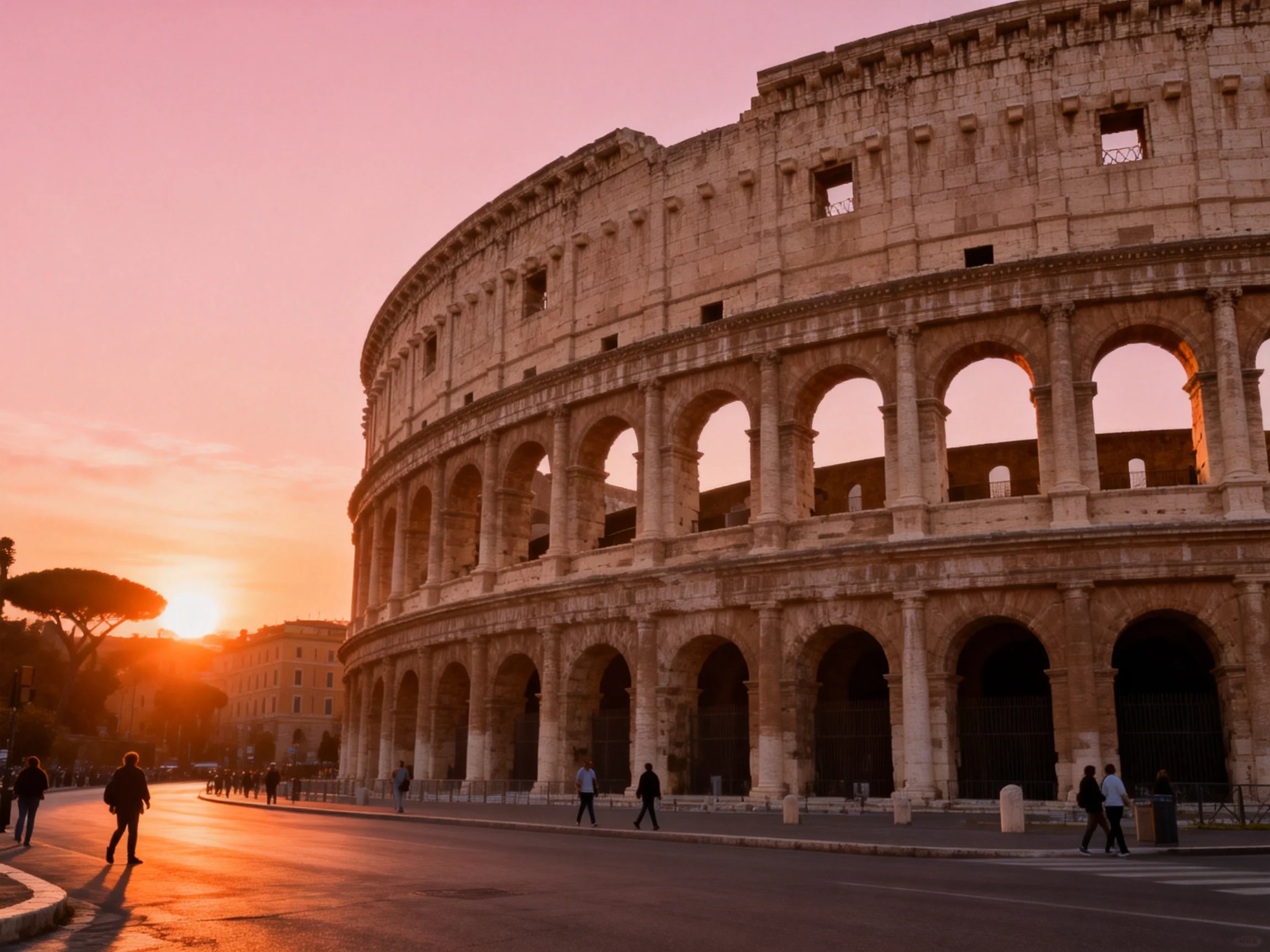 Historic Colosseum lit by a colorful sunset