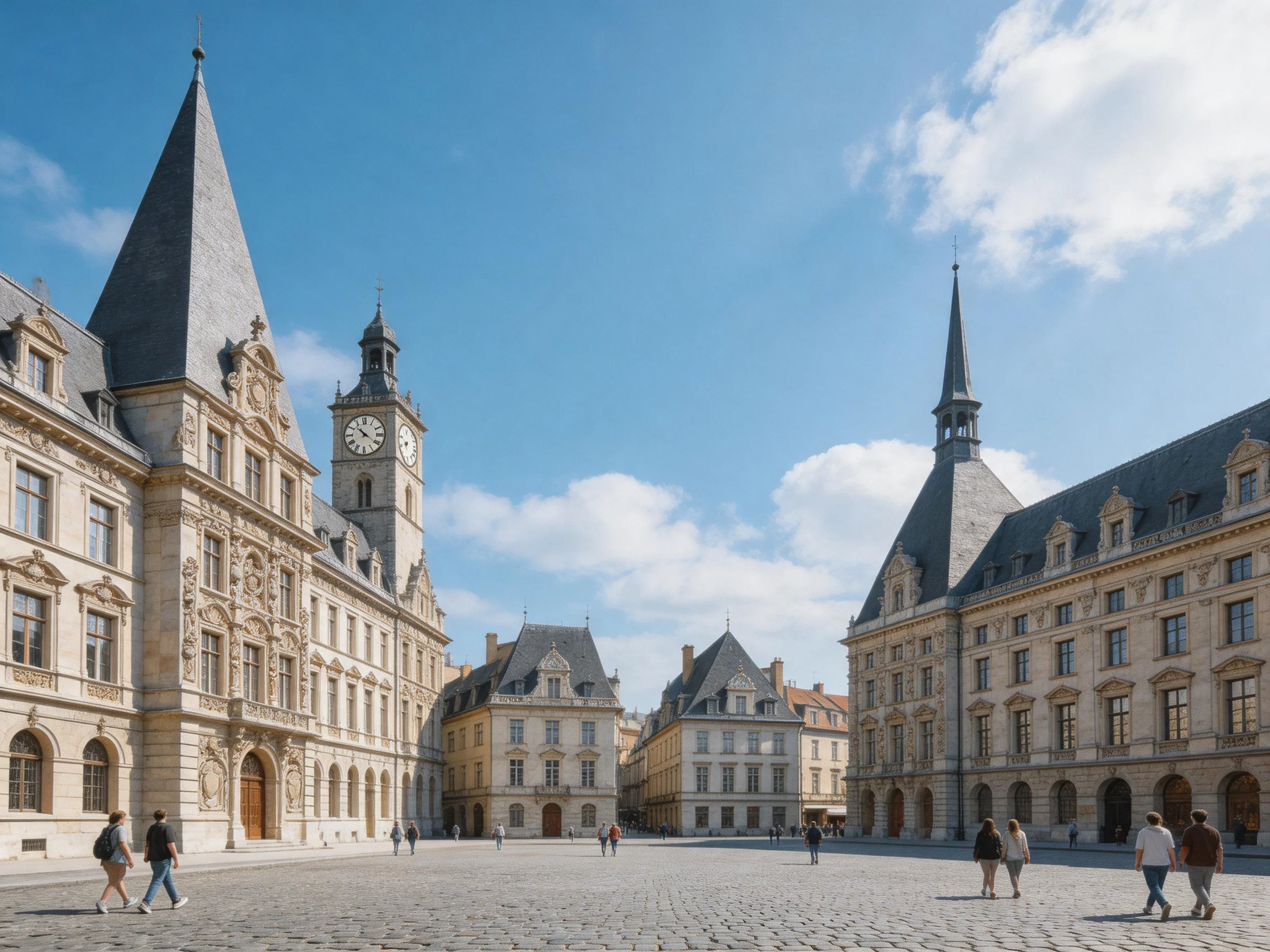 Historic European Square with Ornate Stone Buildings and Clock Tower