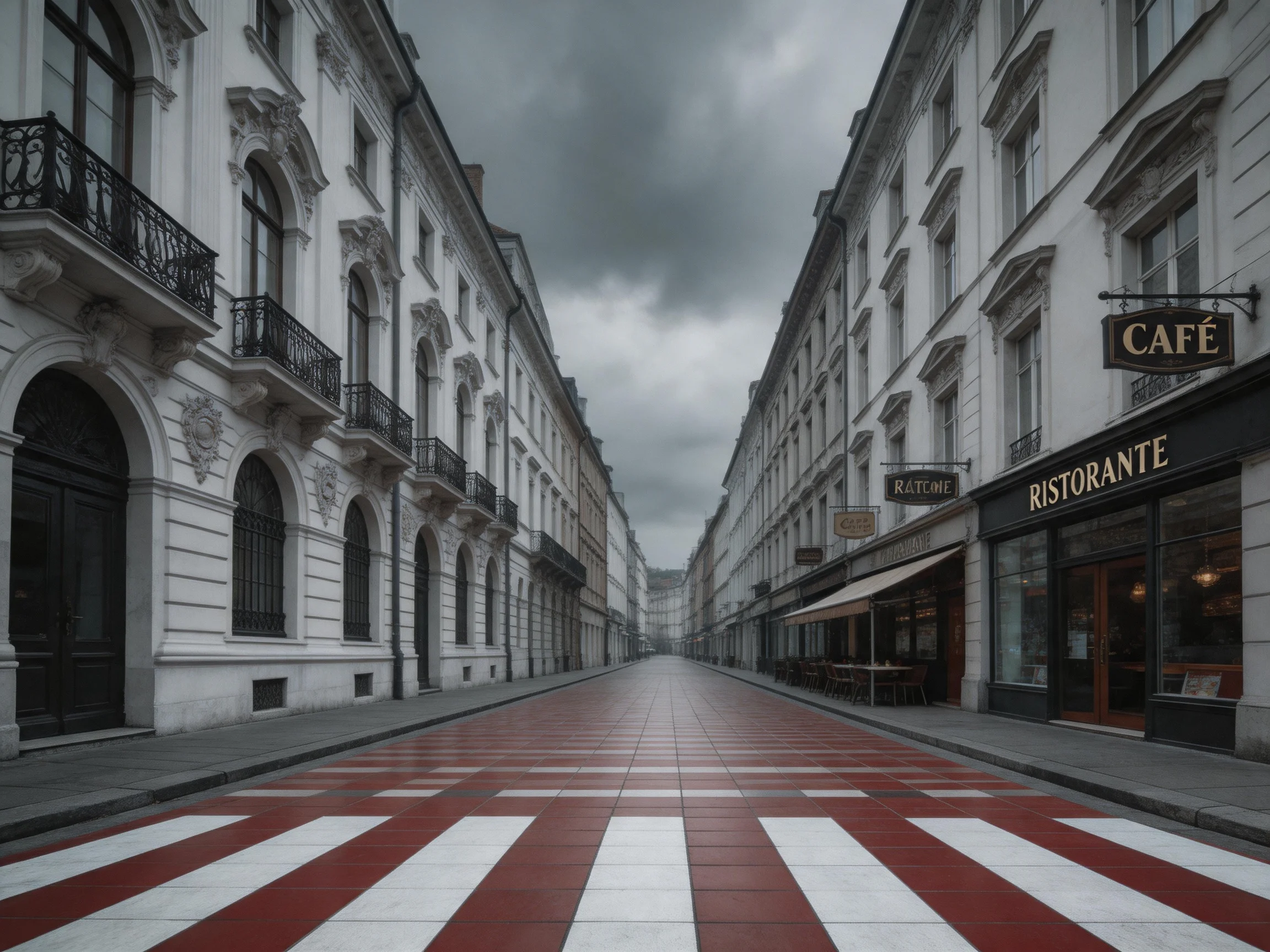 Historic European street with white historic buildings and red-white tiled pavement