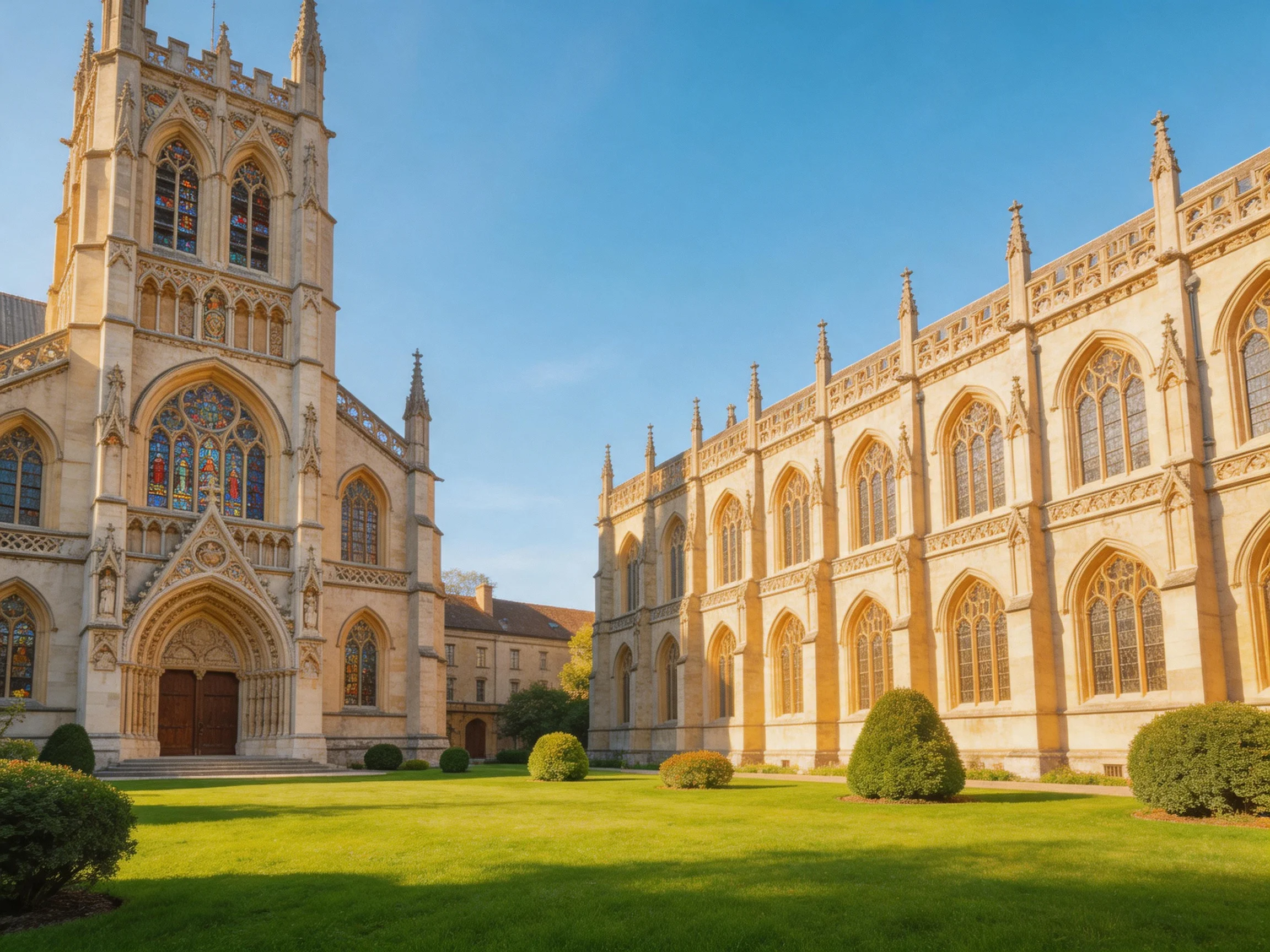 Historic Gothic Church with Ornate Tower and Green Courtyard