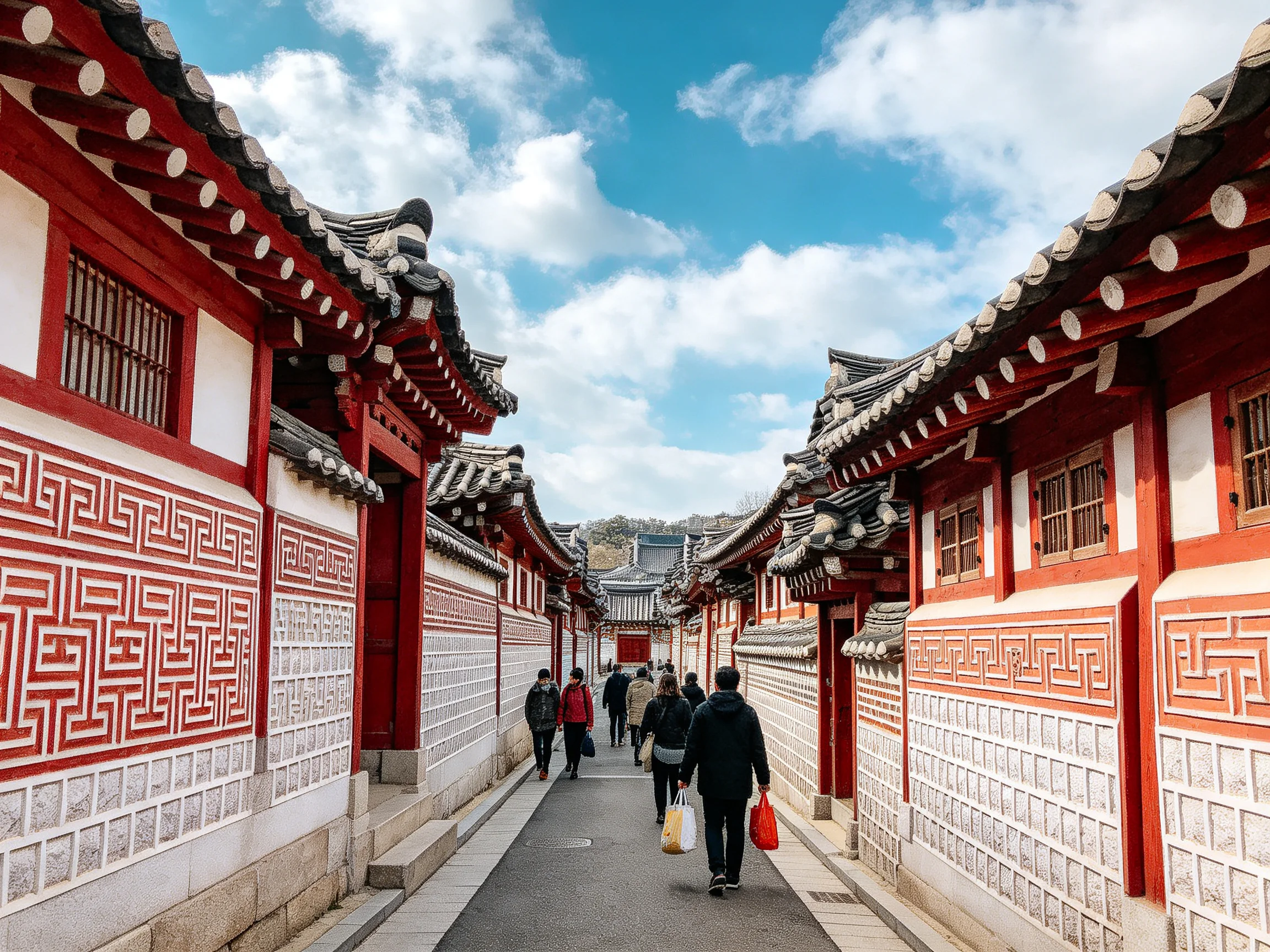 Historic Korean Hanok Alley with Vibrful Buildings