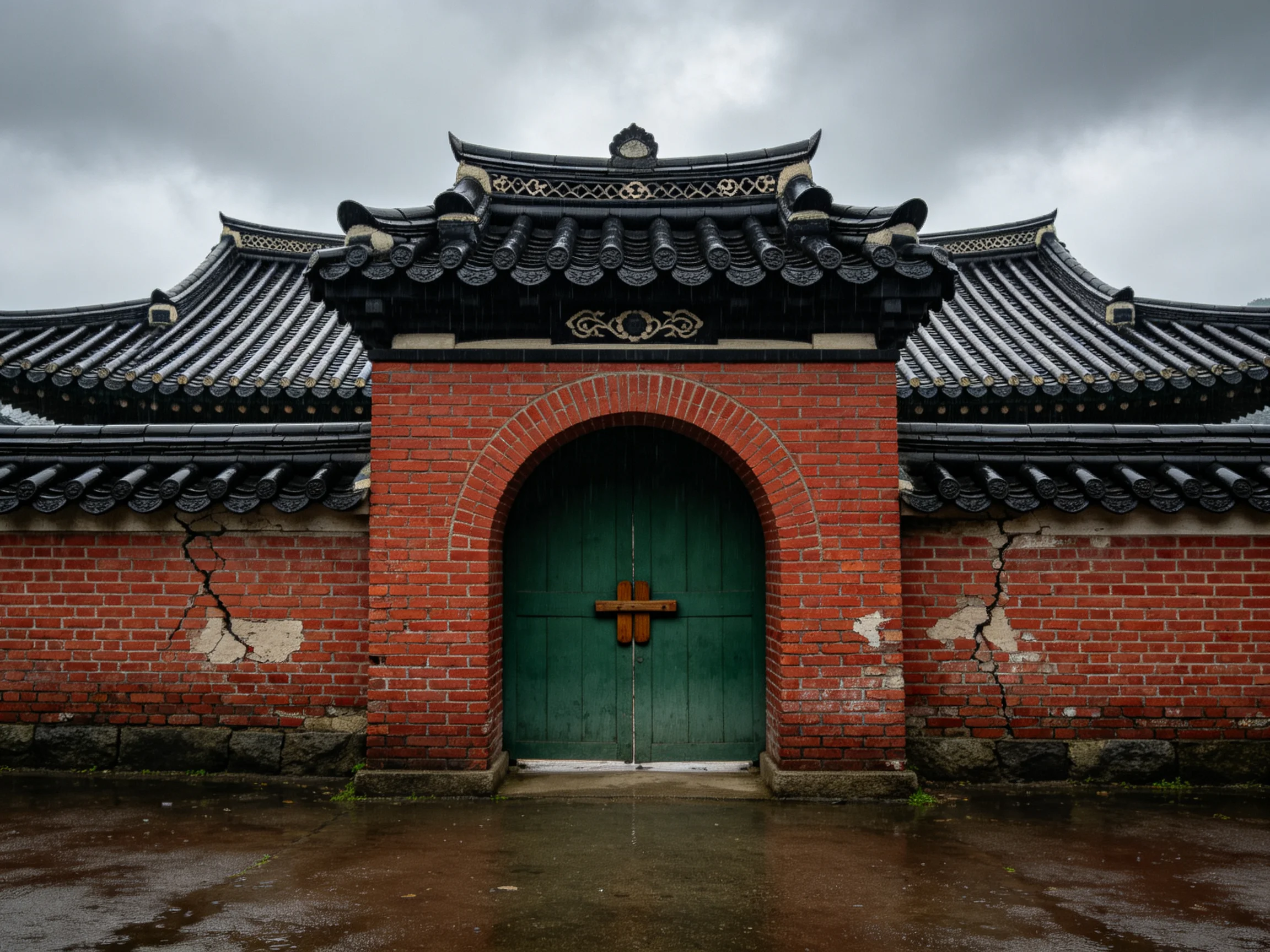 Historic Red-Brick Gate with Dark Tiled Roof and Green Door