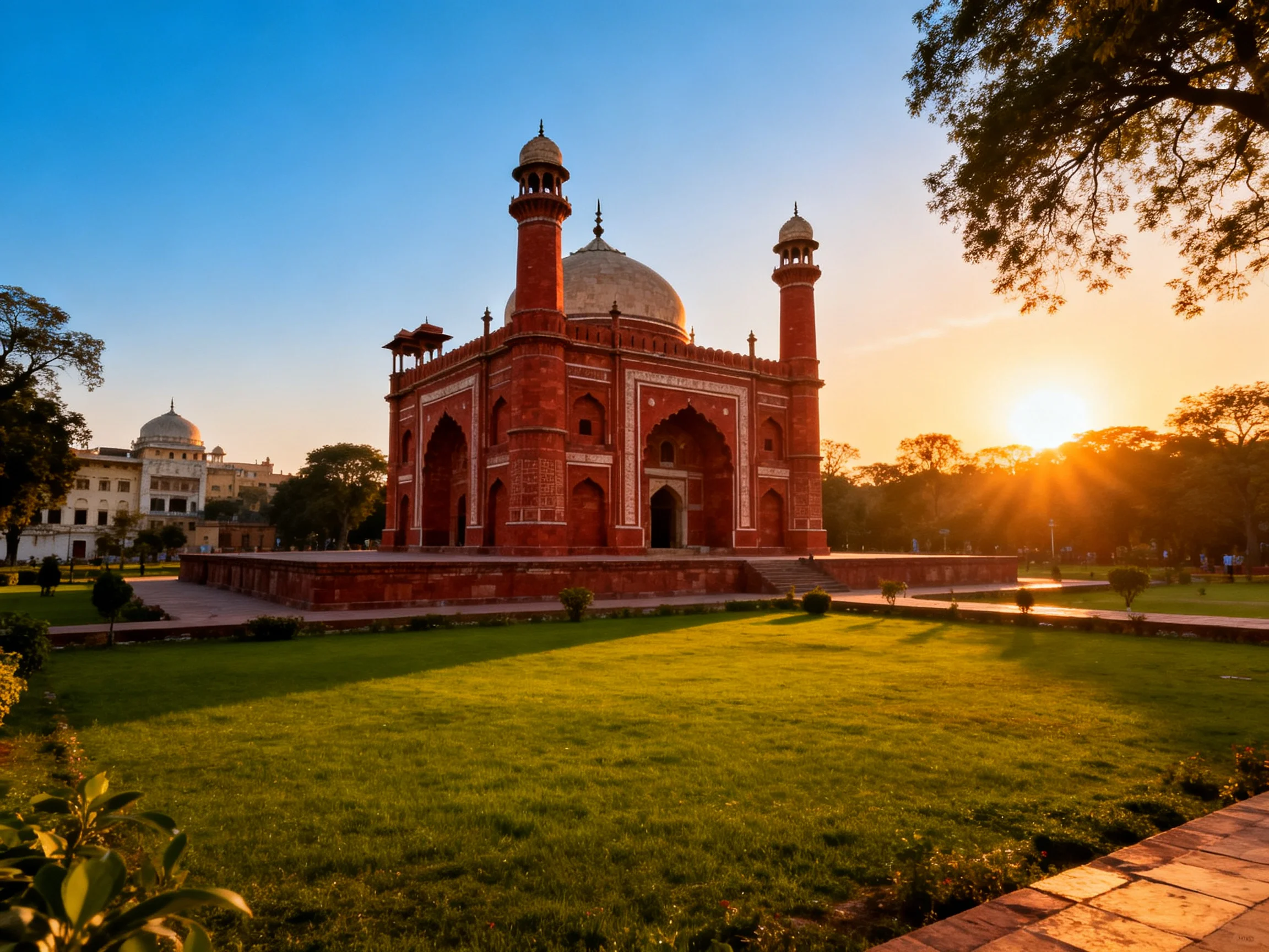 Historic Red-Brick Mausoleum with Domes at Sunset