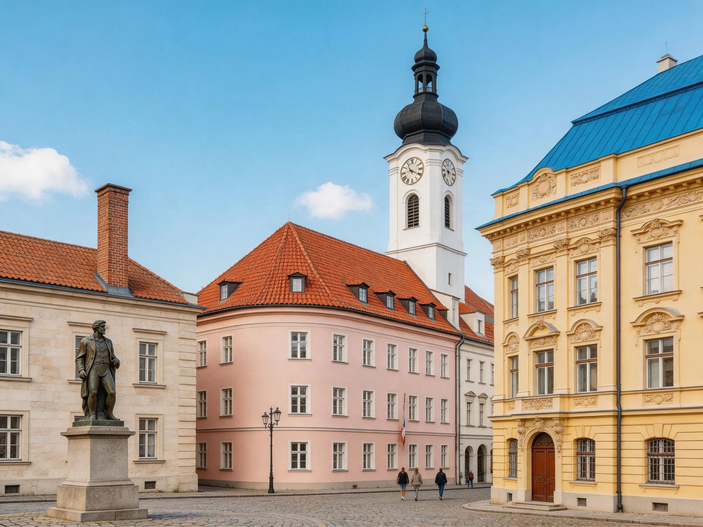 Historic Square with Colorful Buildings, Clock Tower, and Statue