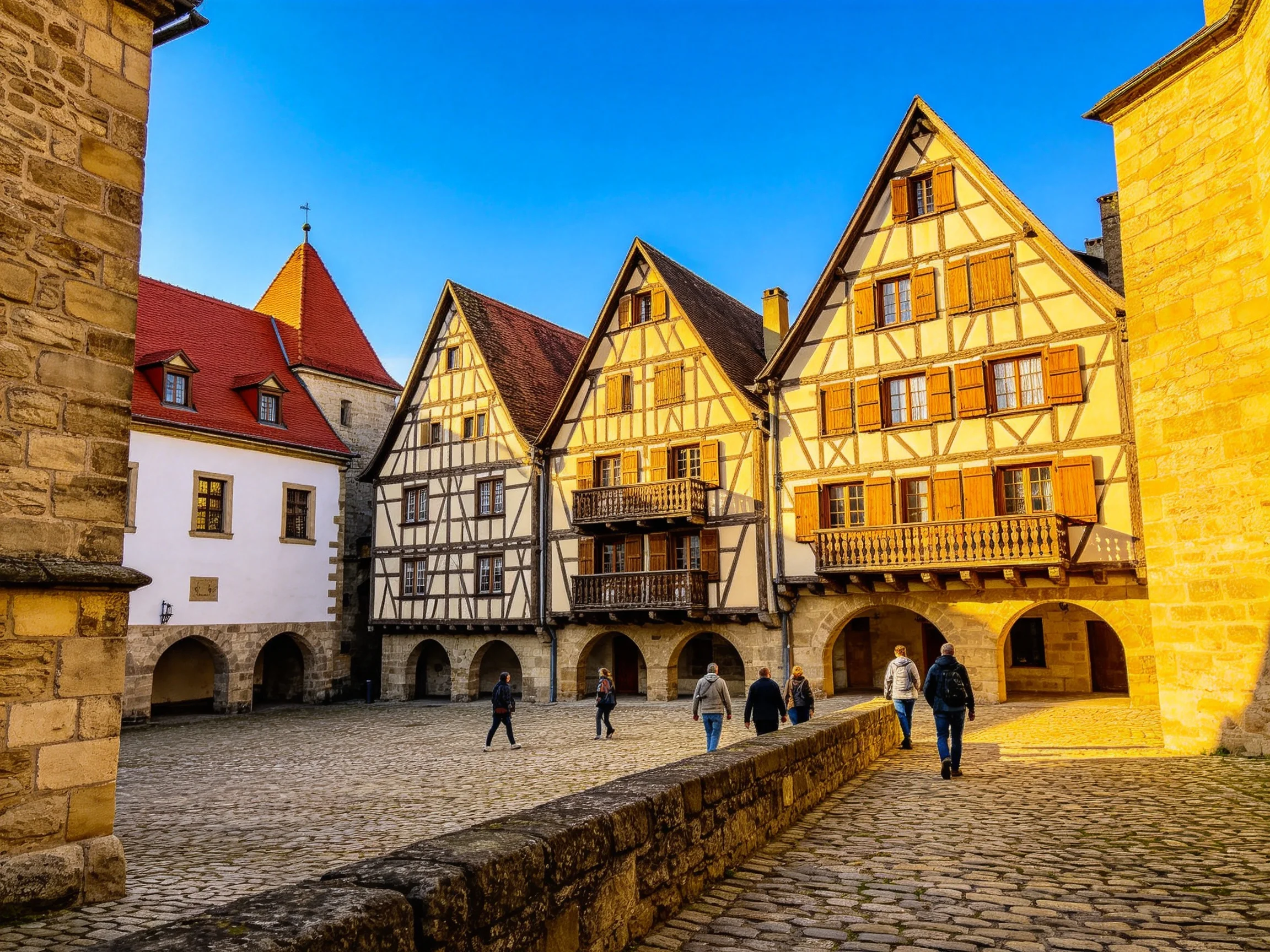 Historic Square with Colorful Half-Timbered Medieval Structures
