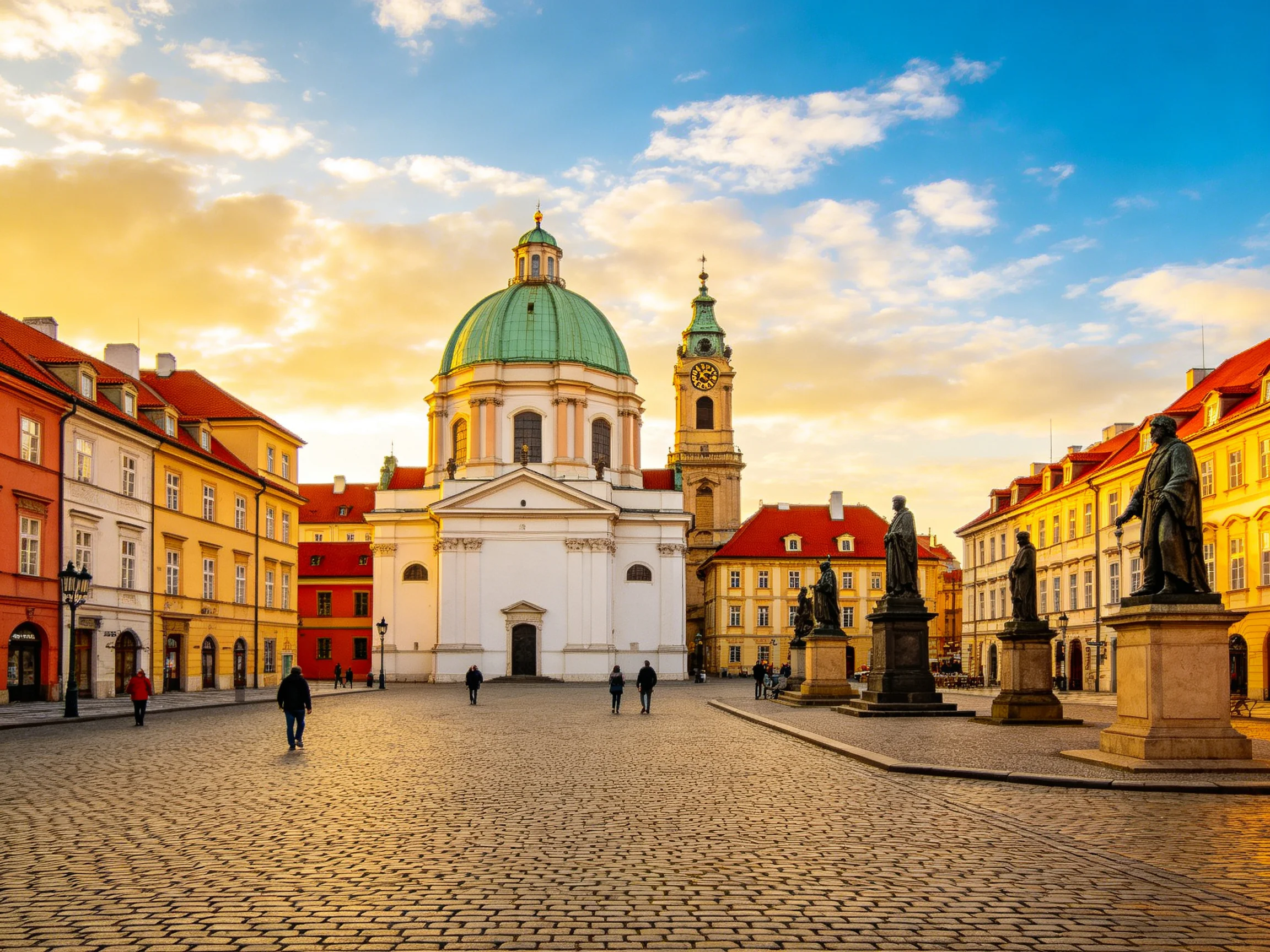 Historic Square with White Domed Church and Vibrant Surroundings