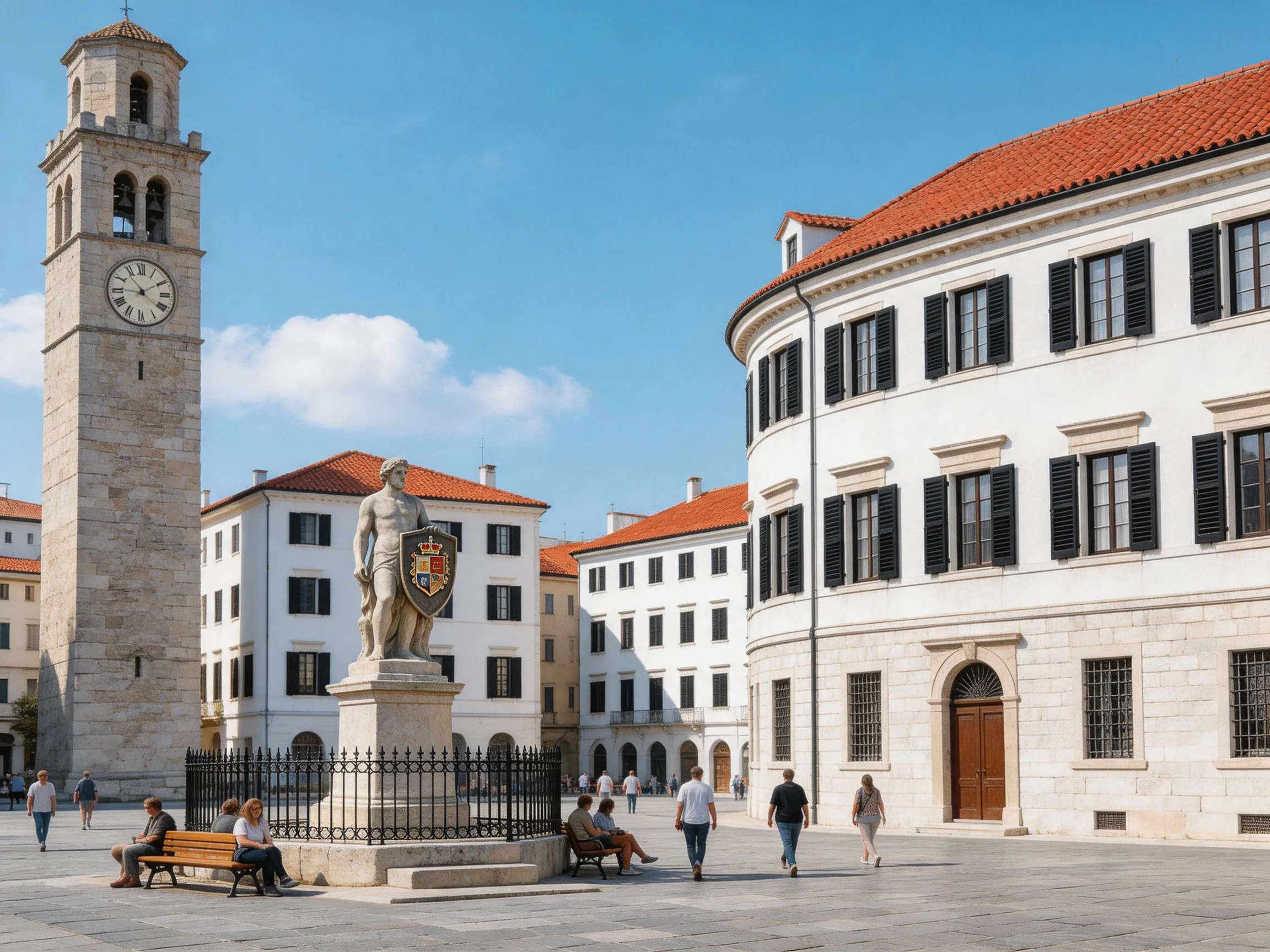 Historic Square with a Tall Clock Tower, White Buildings, and Central Statue