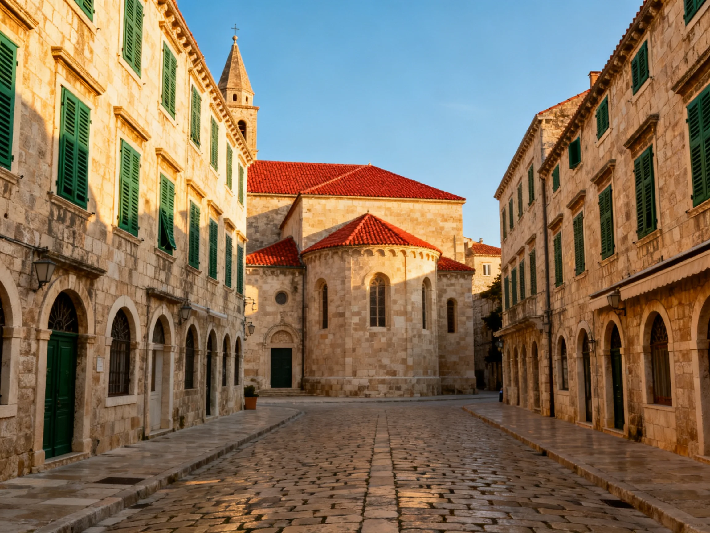 Historic Stone Buildings with Green Shutters and Red-Tiled Church