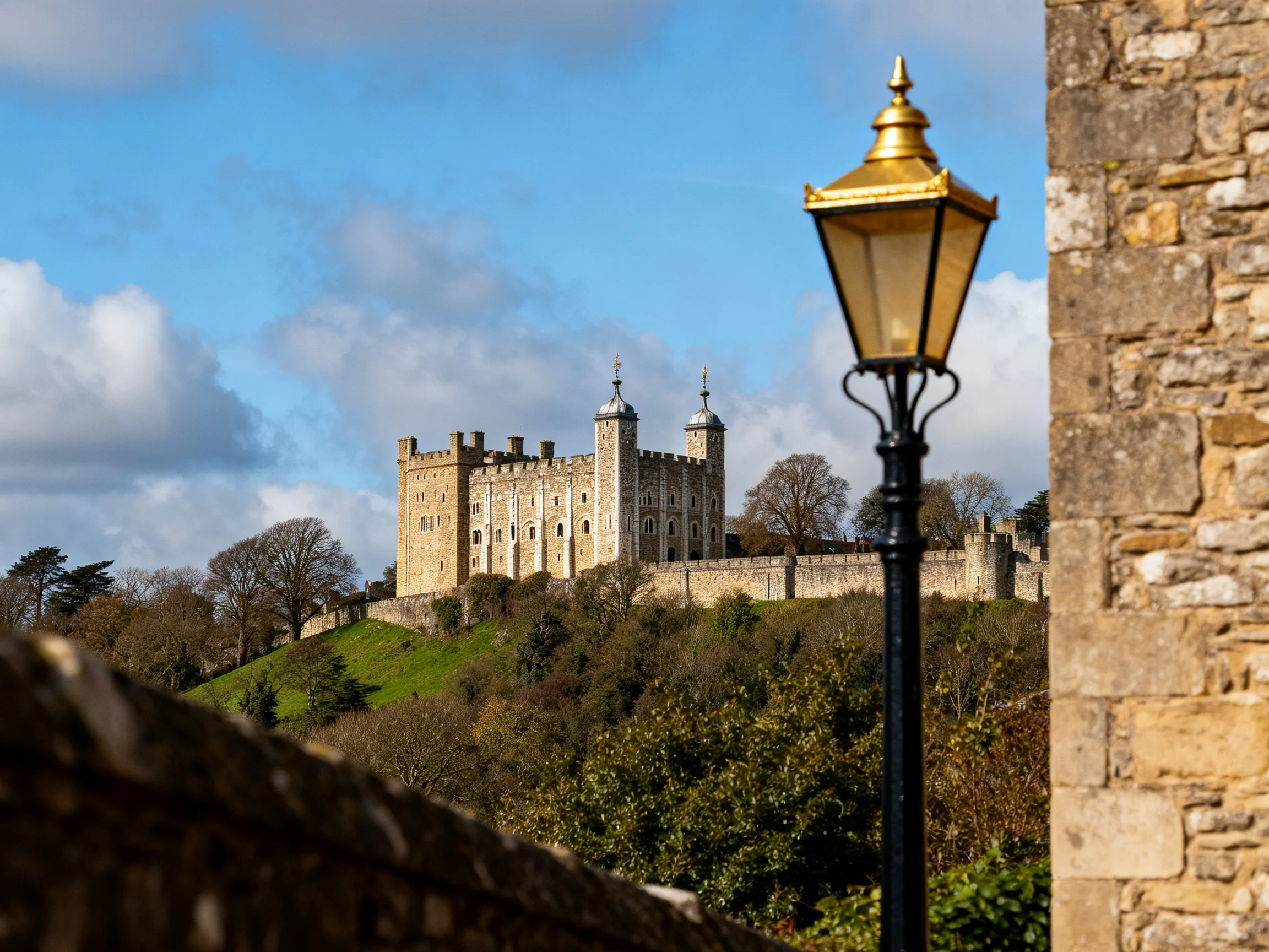 Historic Stone Castle on Lush Green Hill with Ornate Lamp Post