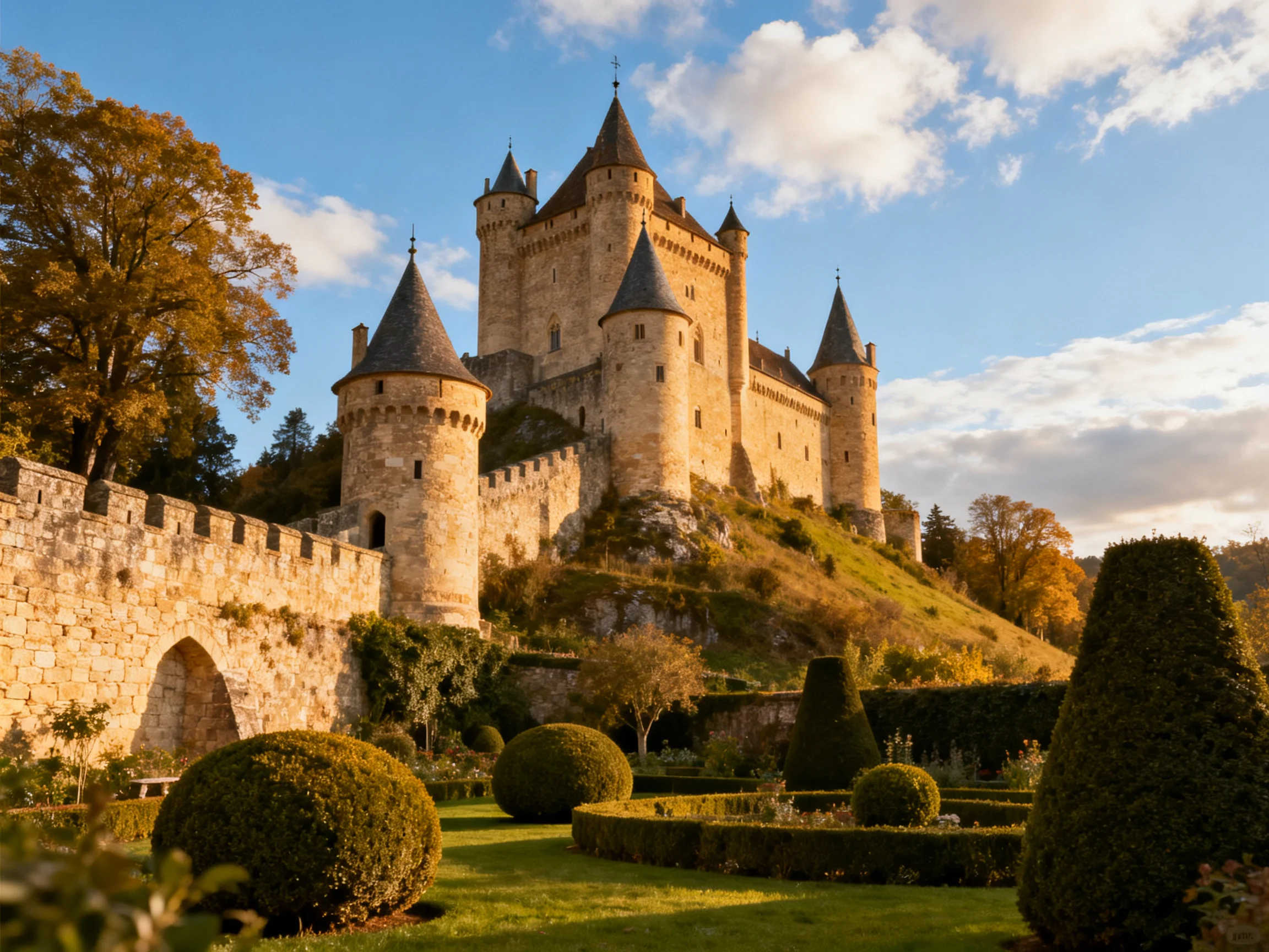Historic Stone Castle with Multiple Towers on a Hilltop Near Gardens