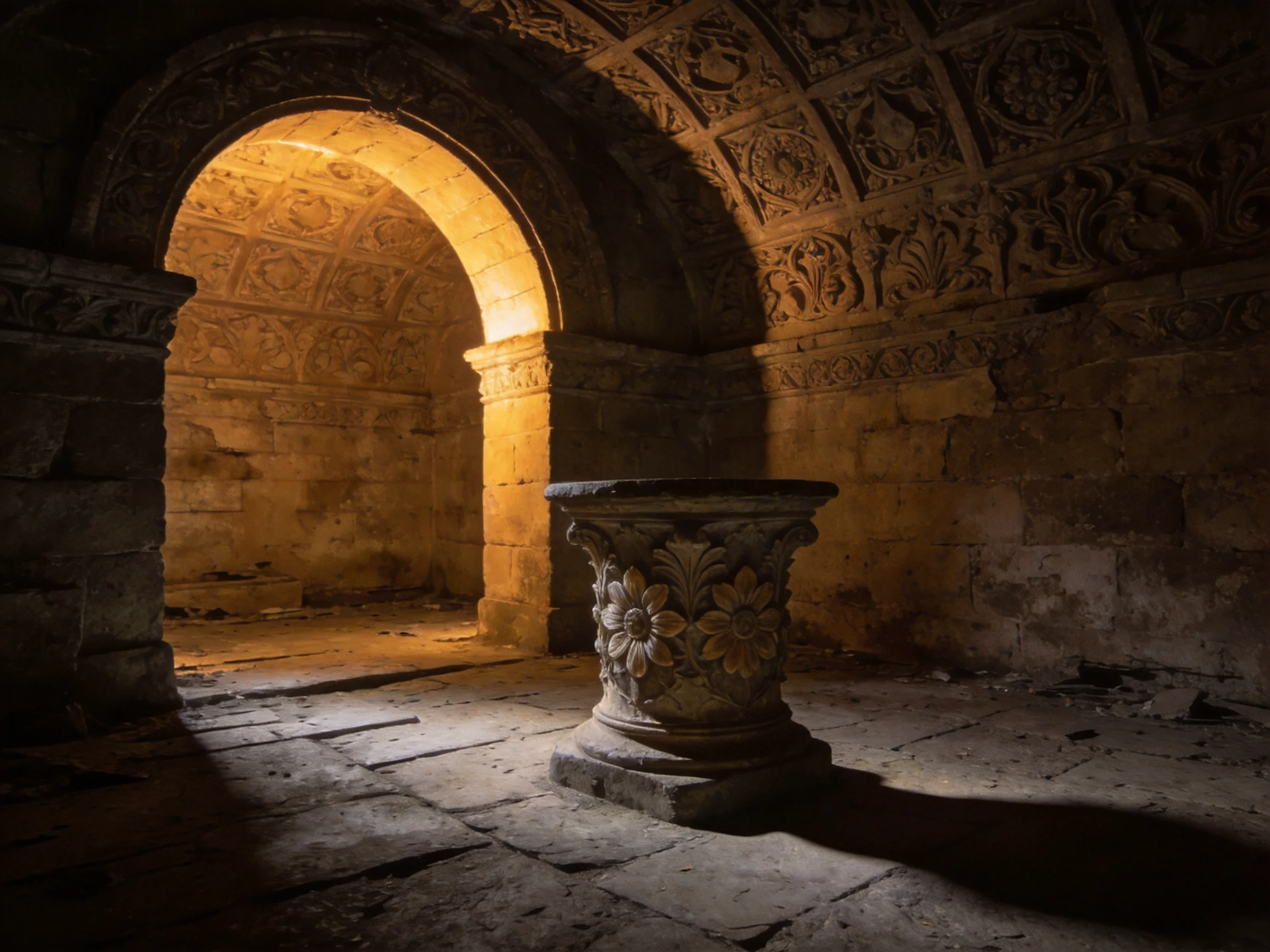 Historic Stone Chamber with Ornate Arches and Decorative Pedestal