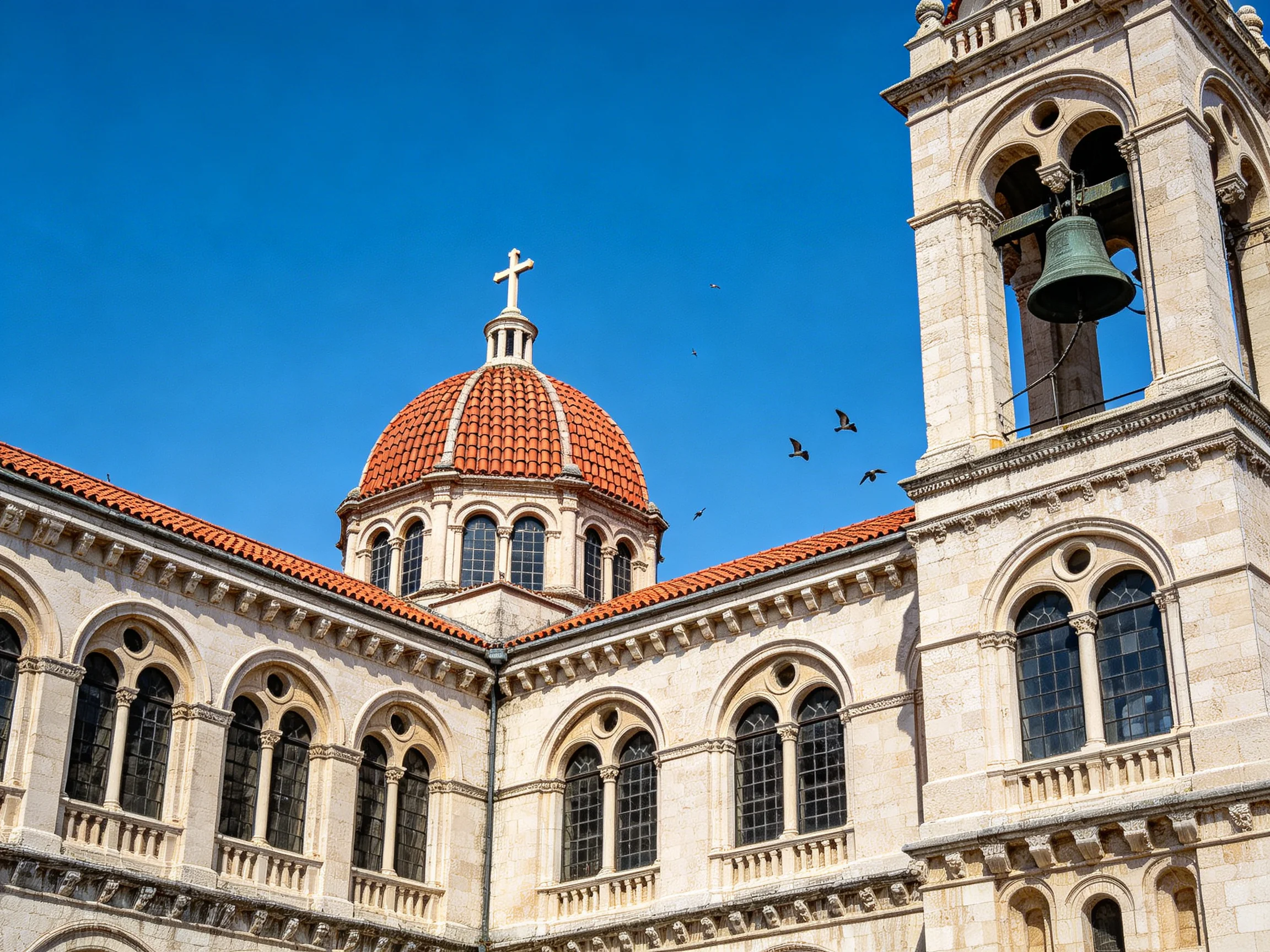 Historic Stone Church with Terracotta Dome and Bell Tower
