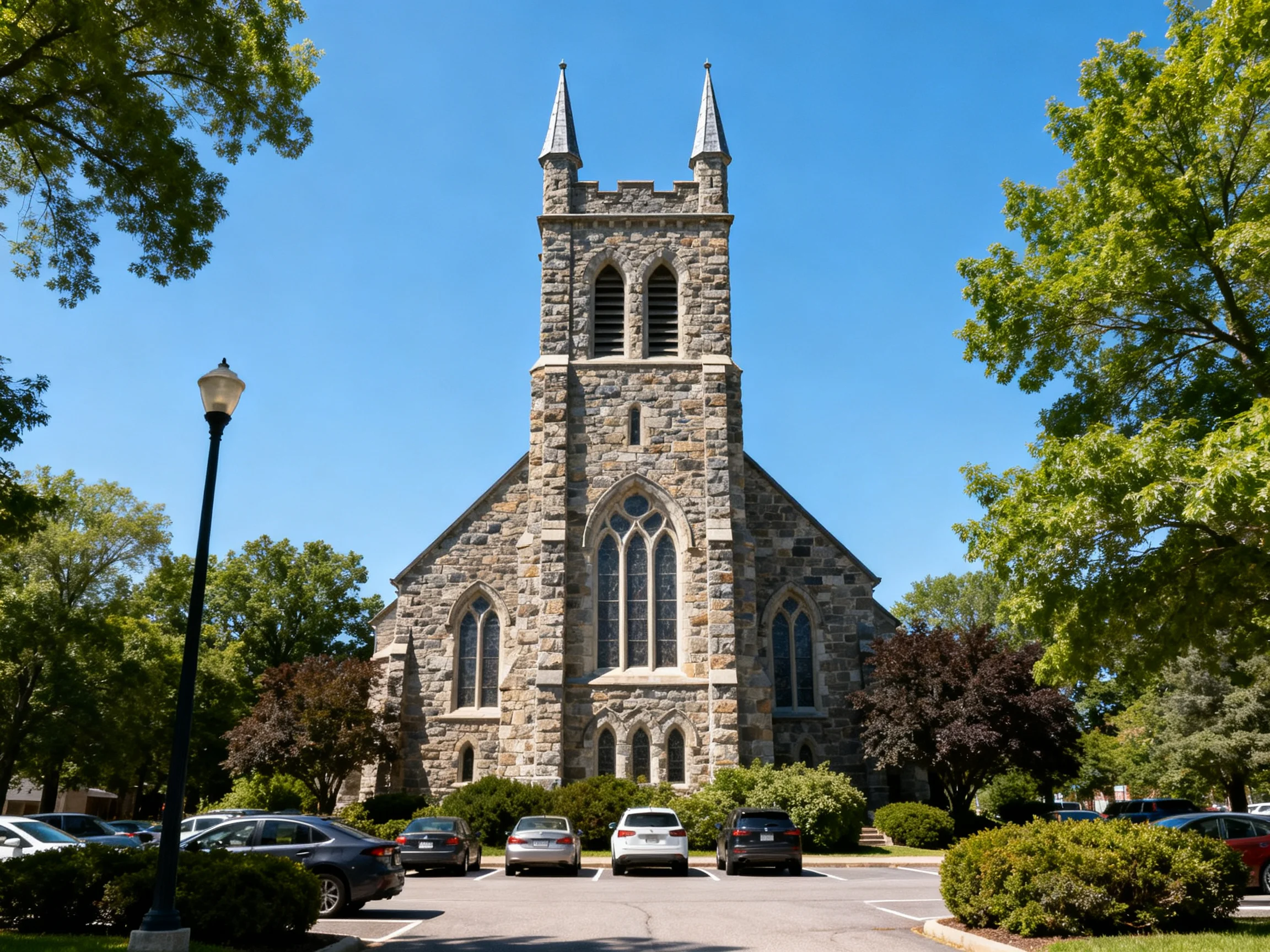 Historic Stone Church with Twin Spires and Parked Cars