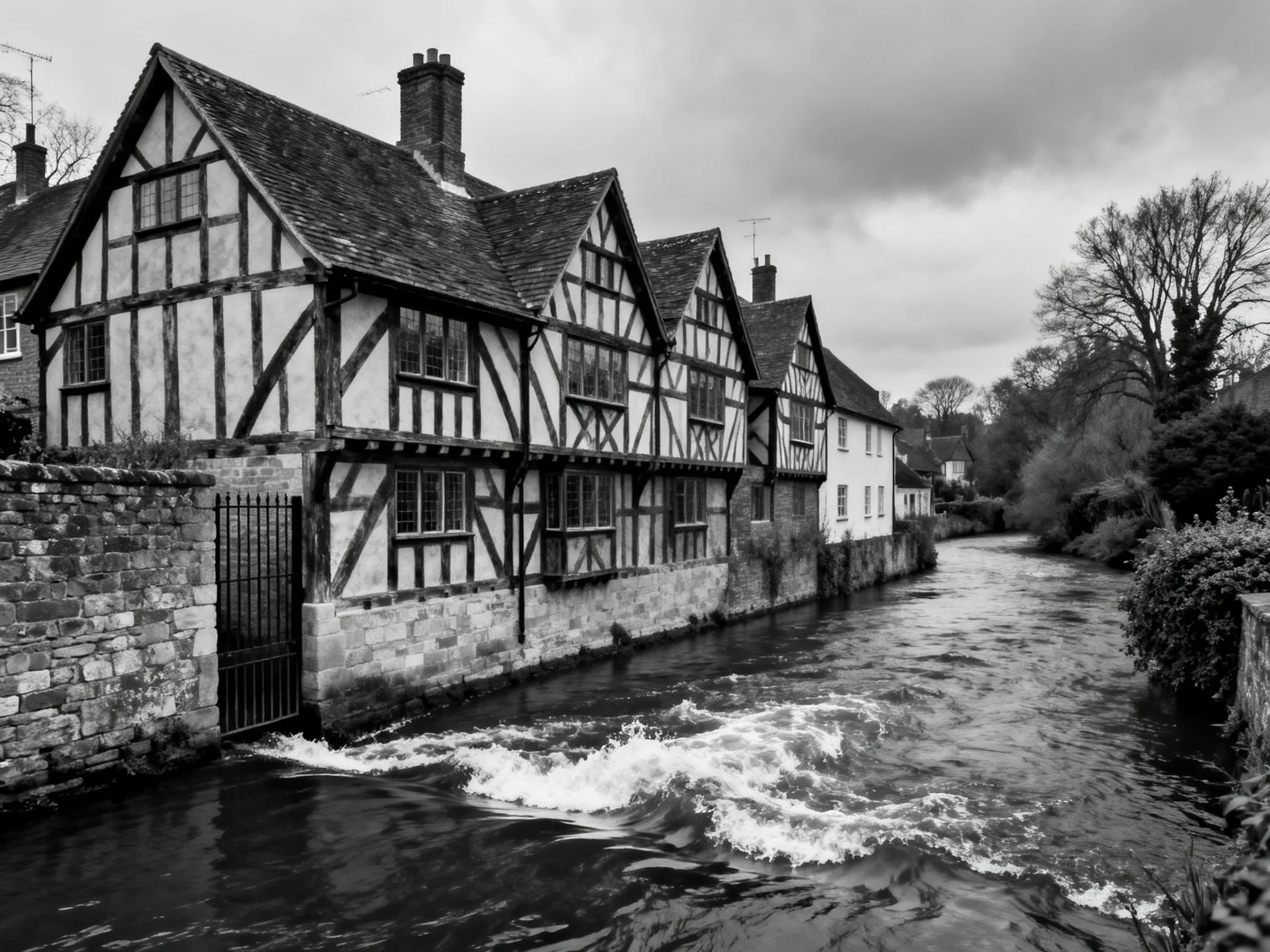 Historic Timber-Framed Houses by a Flowing River