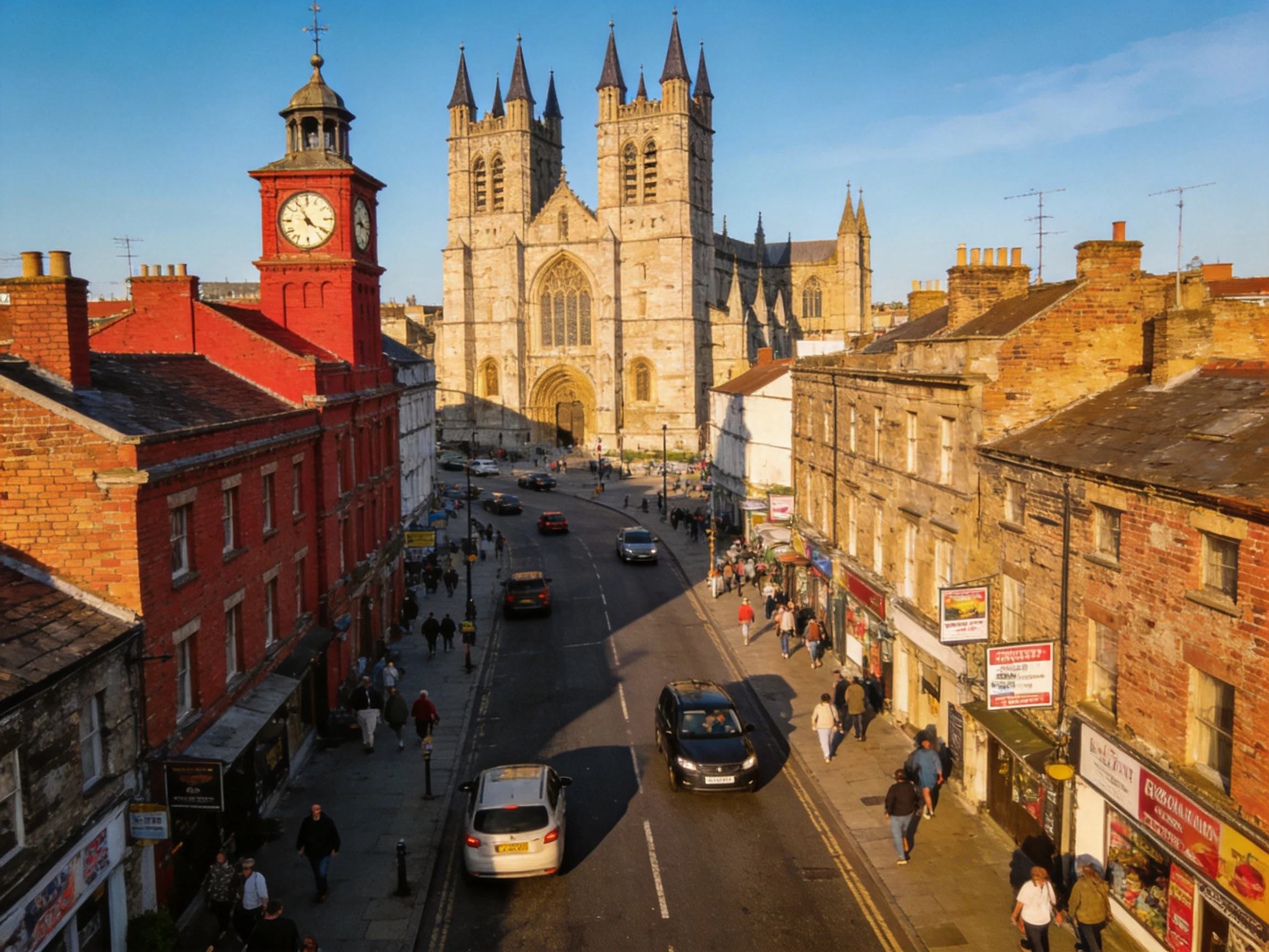 Historic Town Square with Red Clock Tower and Stone Cathedral