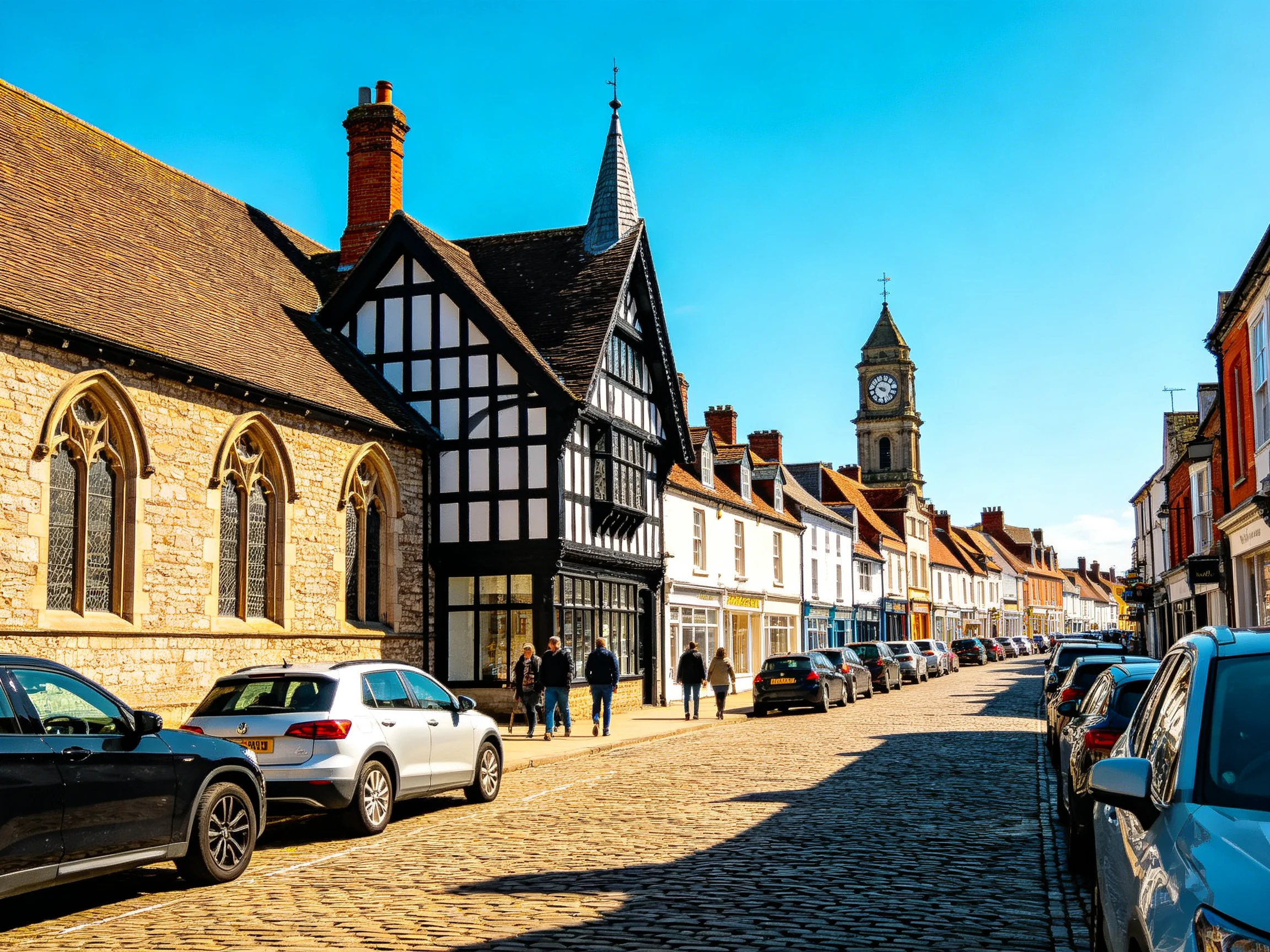 Historic Town Street with Cobblestones and Tudor Buildings