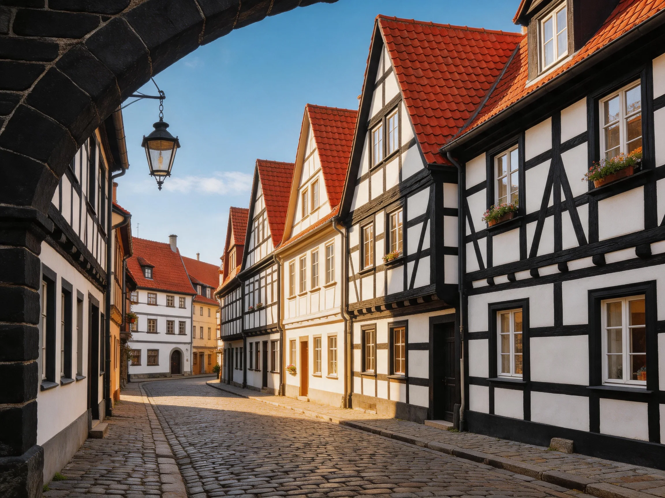 Historic Town Street with Quaint Half-Timbered Medieval Houses