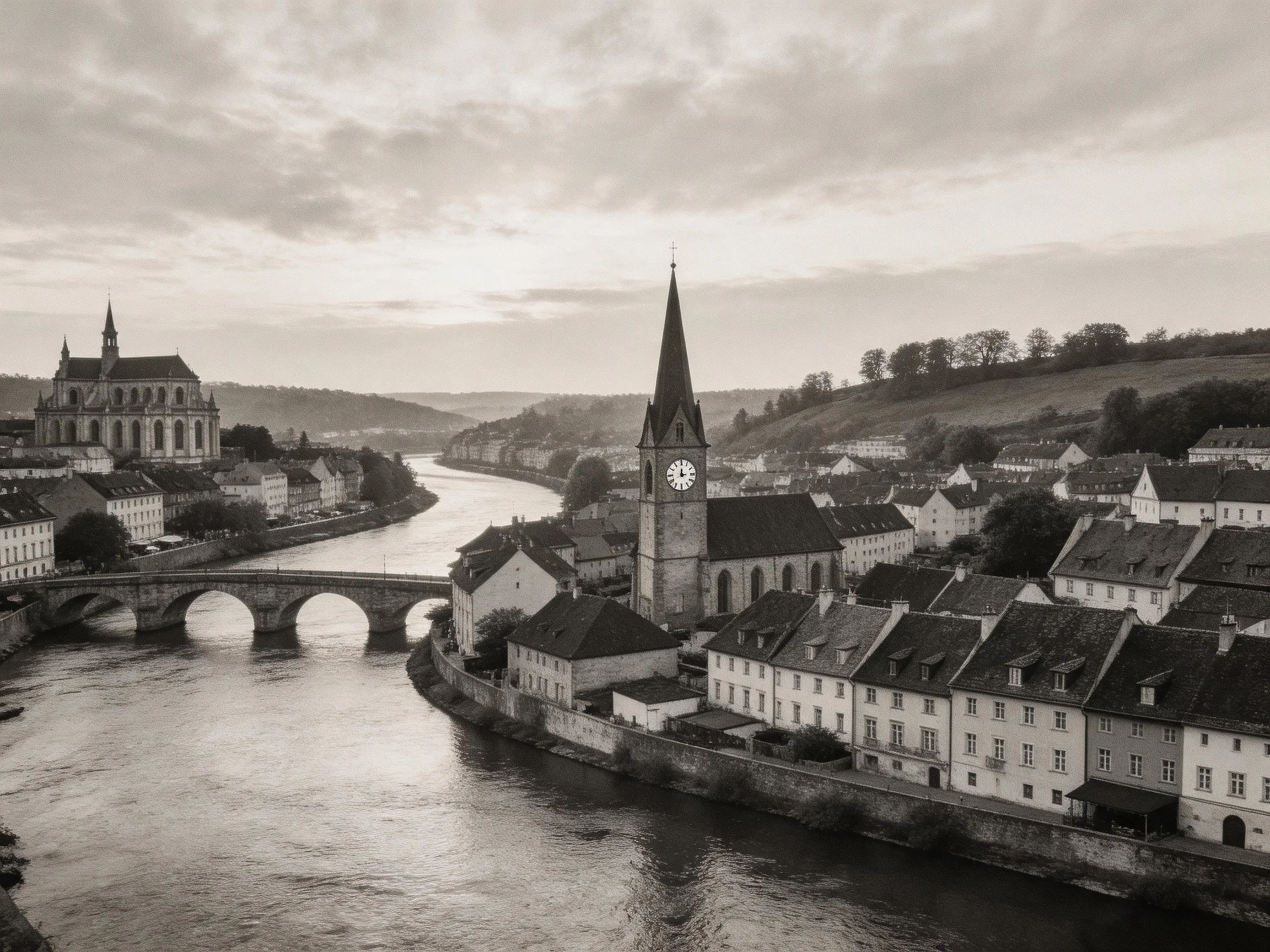 Historic Town by Curving River with Stone Bridge and Church