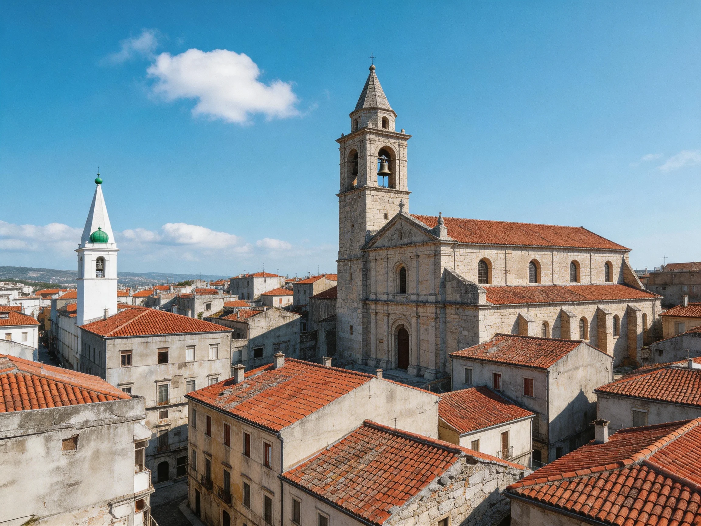 Historic Townscape with Stone Church and Red-Tiled Roofs