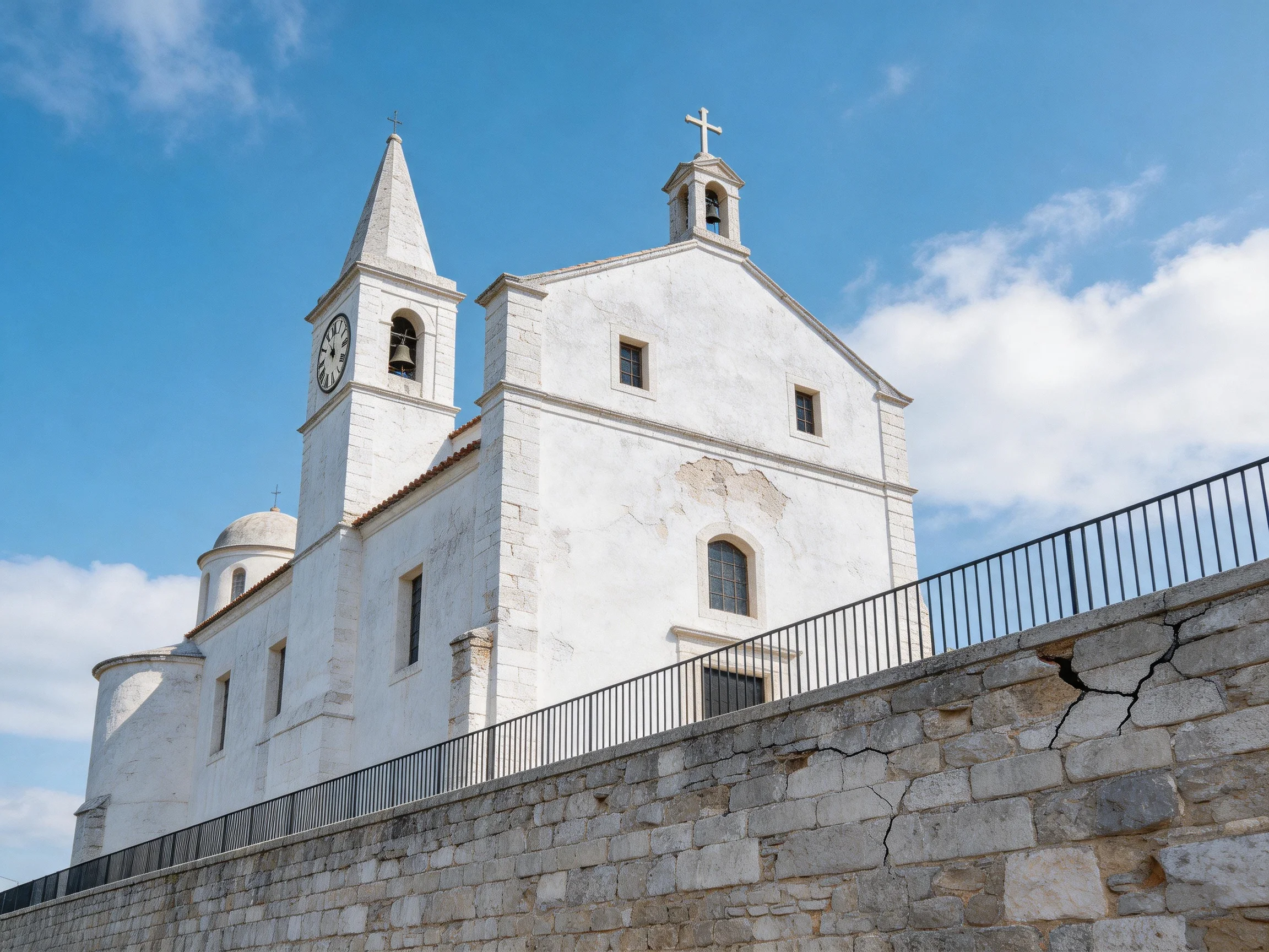 Historic White Church with Stone Walls Under Bright Blue Sky