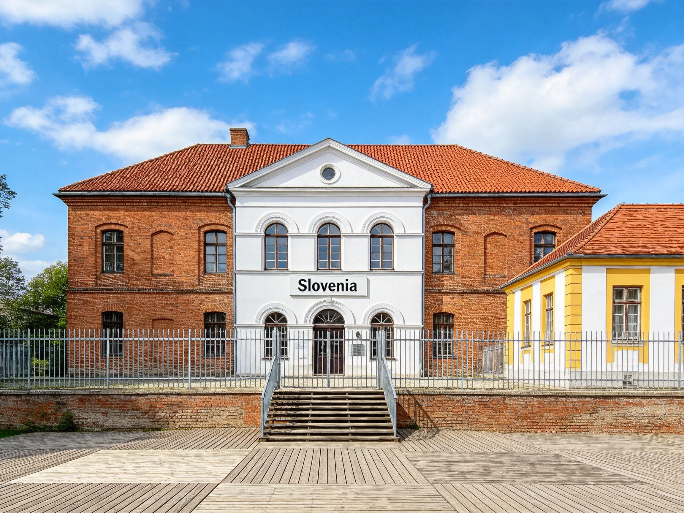 Historic brick and white building labeled Slovenia with adjacent structures