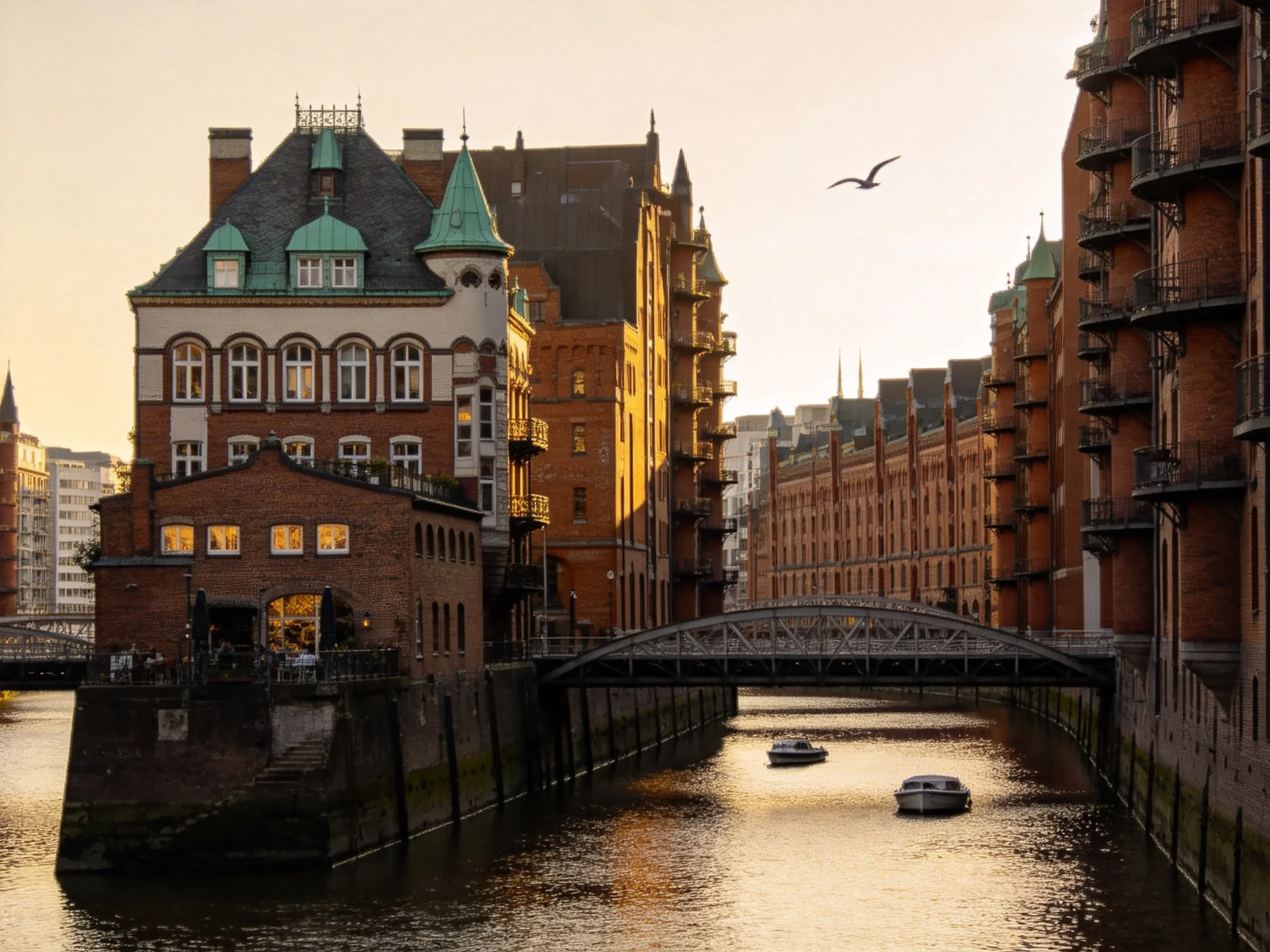 Historic brick buildings border a tranquil waterway with boats and a bridge