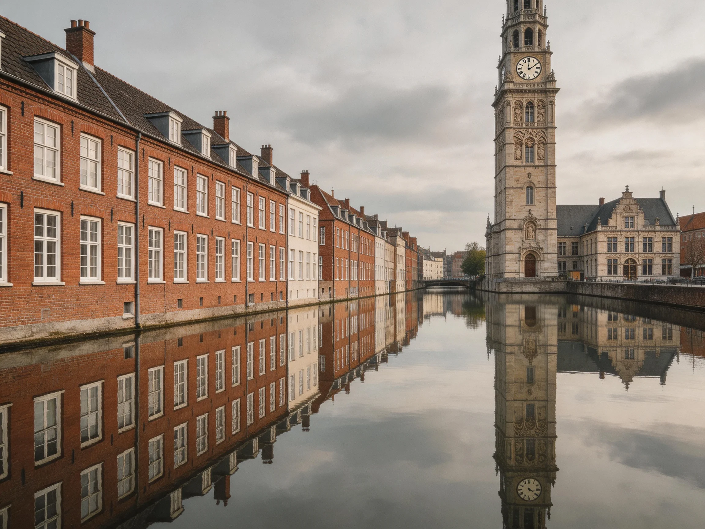 Historic brick buildings reflect beside an ornate clock tower over calm waters.