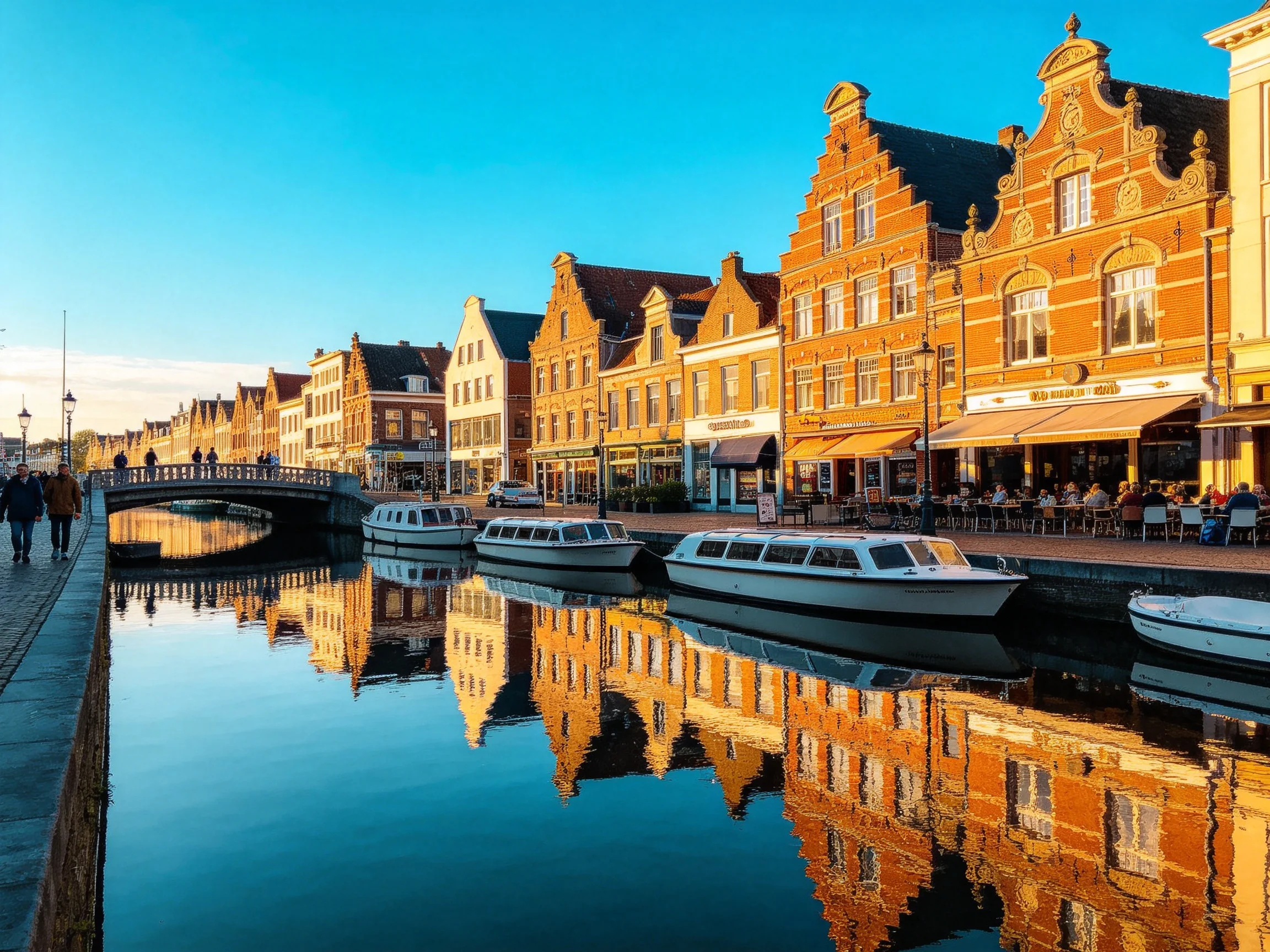 Historic brick buildings reflect in a canal beside a pedestrian bridge